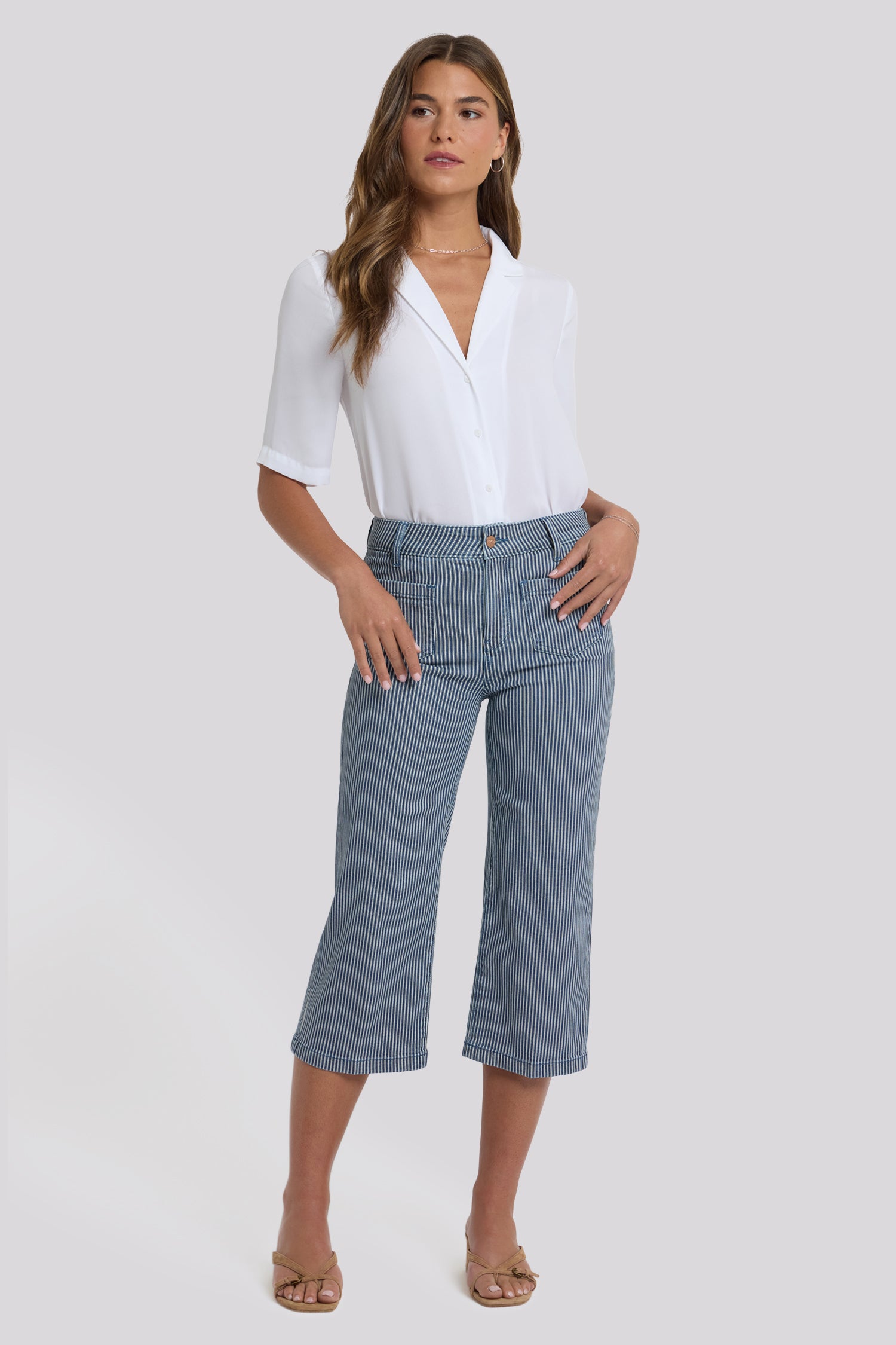 NYDJ Coco Relaxed Wide Leg Crop Jeans With High Rise And Front Patch Pockets - Malaga Stripe
