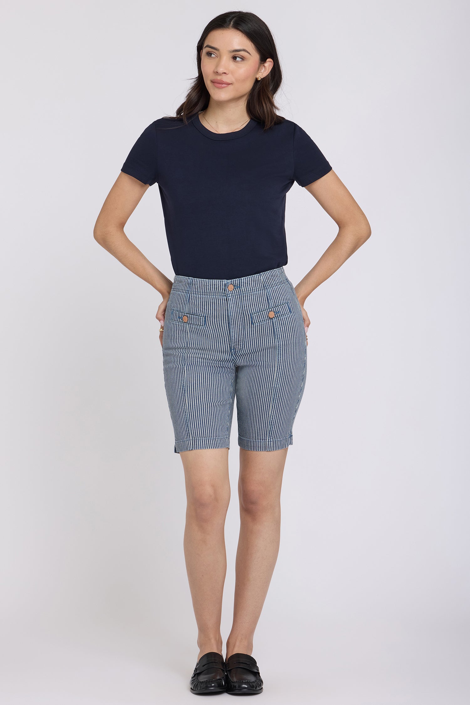 NYDJ Ella Denim Shorts With High Rise And Button Welt Pockets - Malaga Stripe