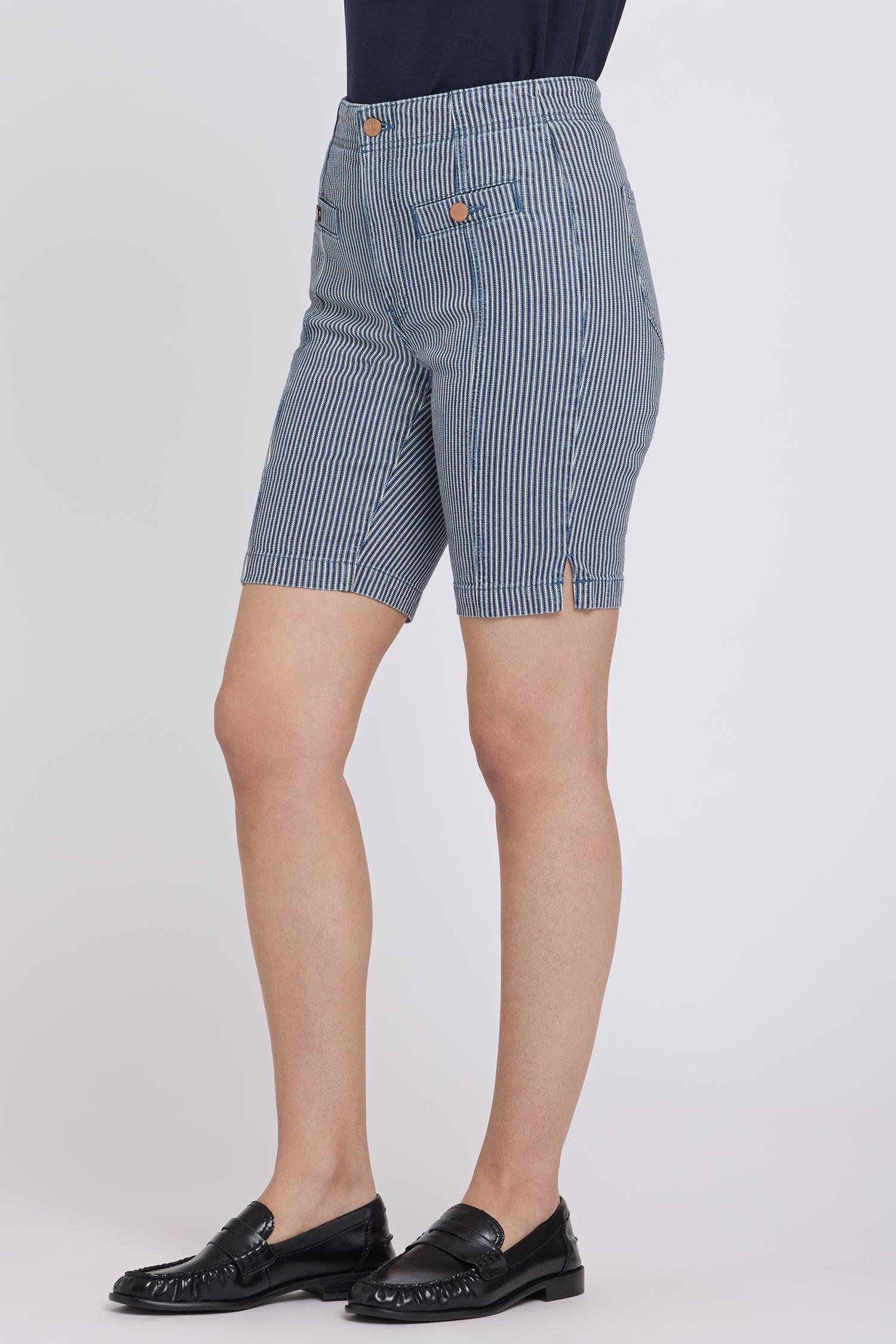 NYDJ Ella Denim Shorts With High Rise And Button Welt Pockets - Malaga Stripe