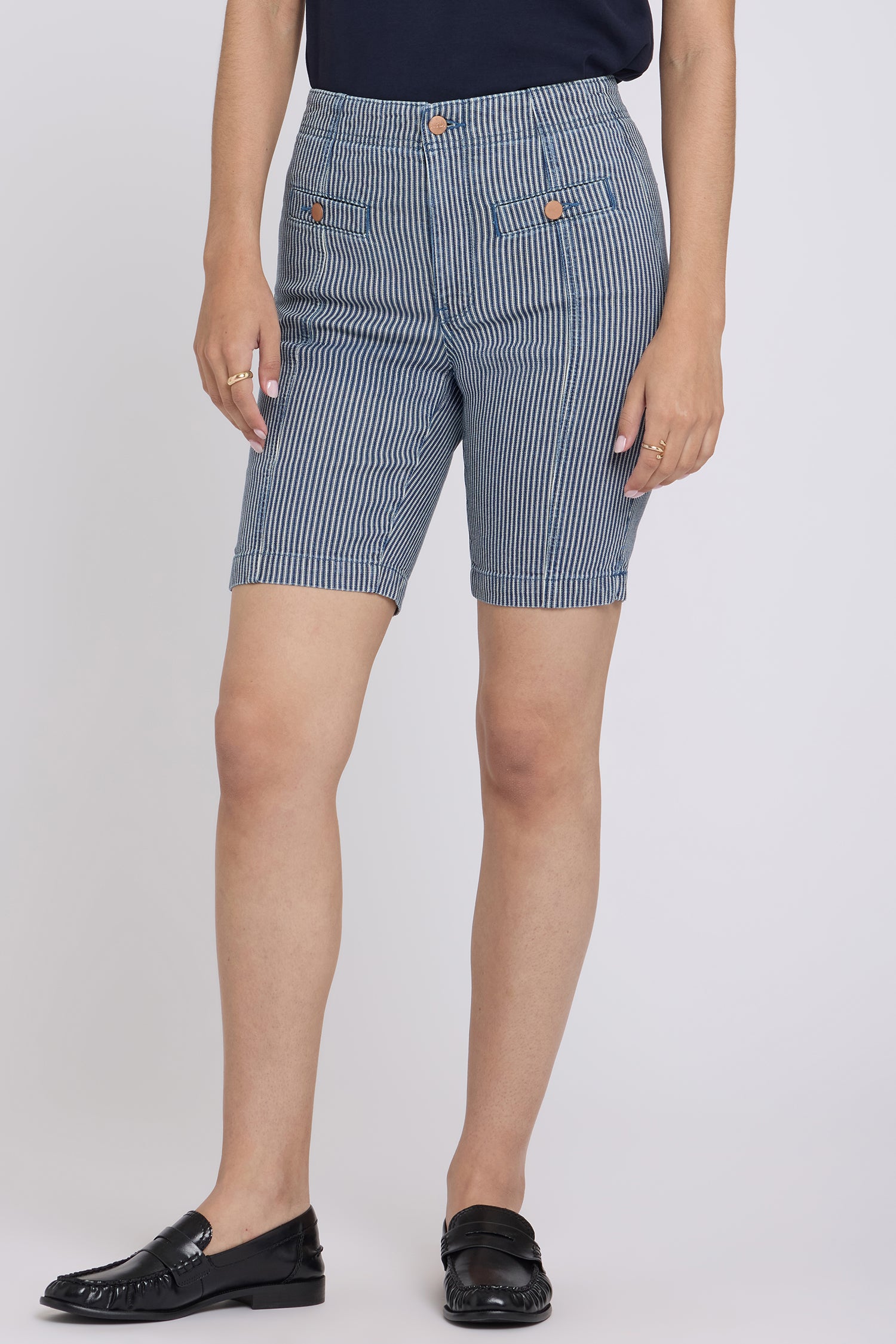 NYDJ Ella Denim Shorts With High Rise And Button Welt Pockets - Malaga Stripe