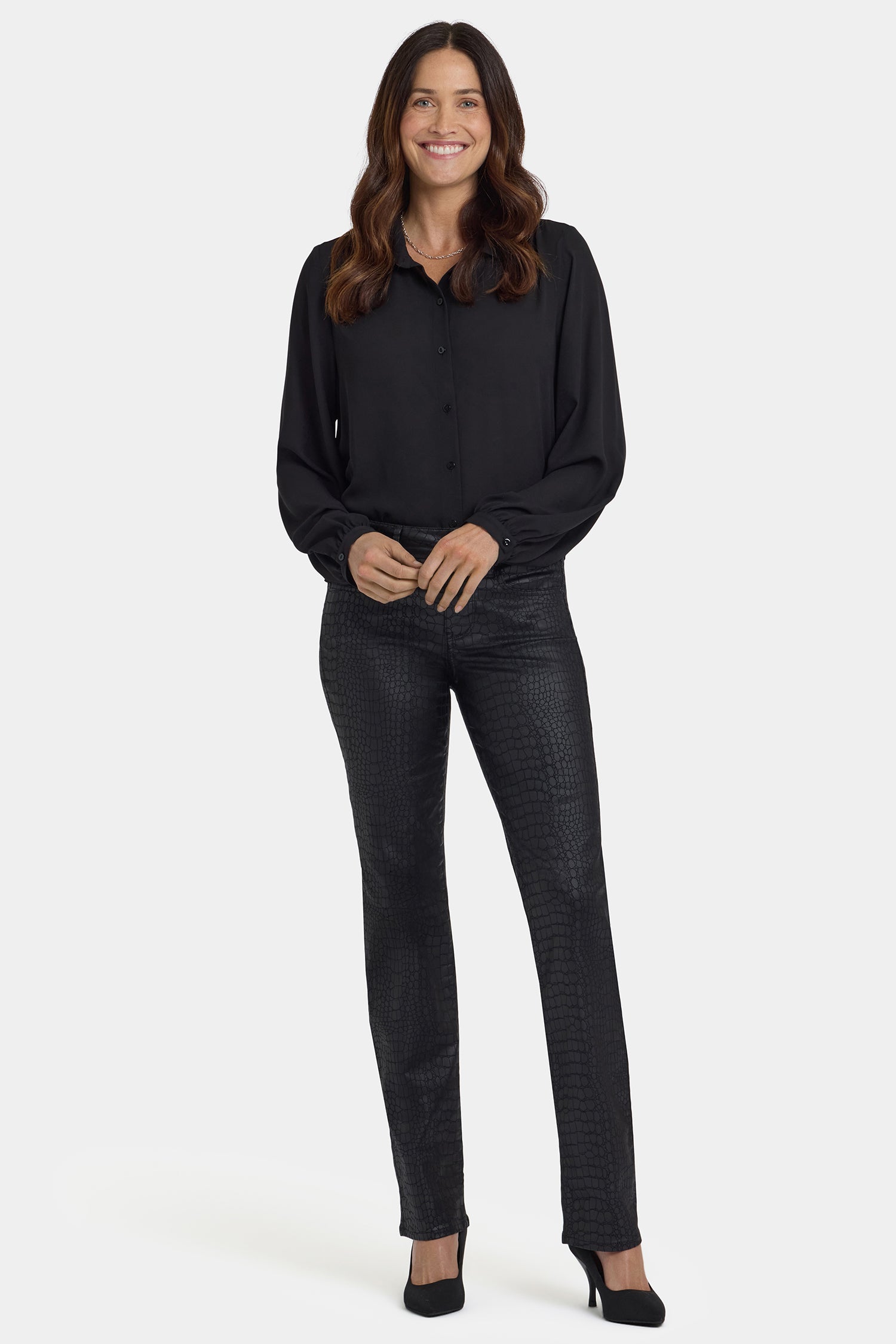 NYDJ Python Coated Marilyn Straight Jeans  - Black Coated Python