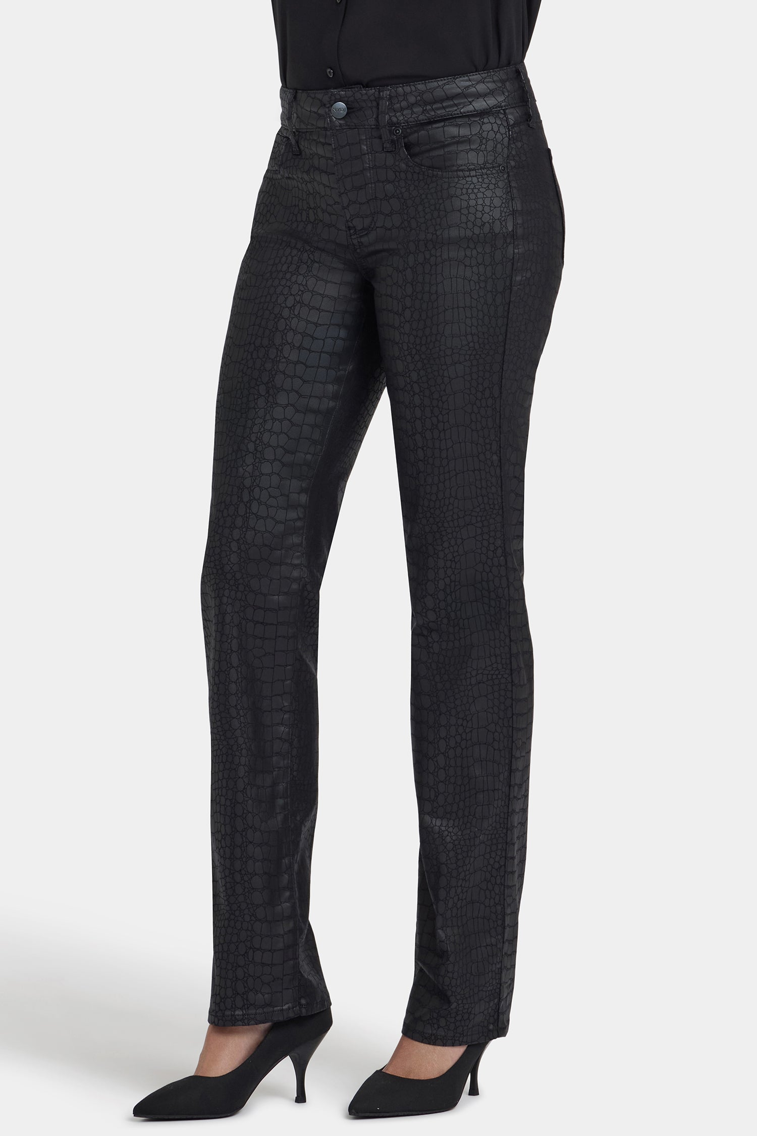 NYDJ Python Coated Marilyn Straight Jeans  - Black Coated Python
