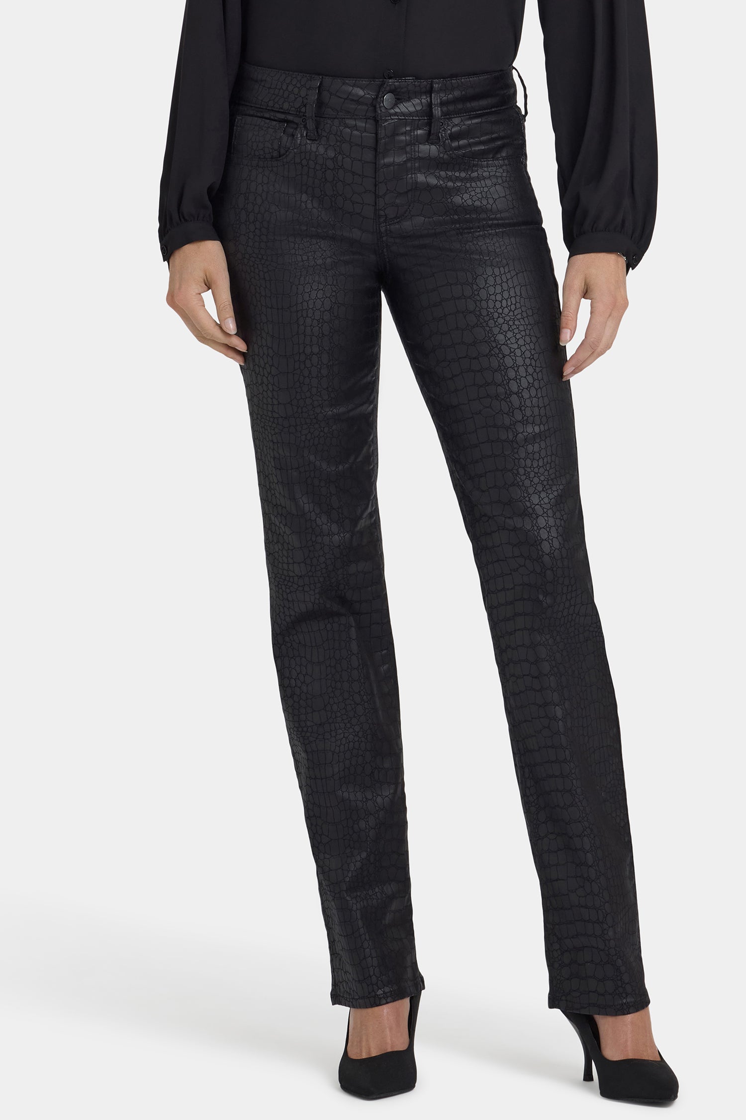 NYDJ Python Coated Marilyn Straight Jeans  - Black Coated Python
