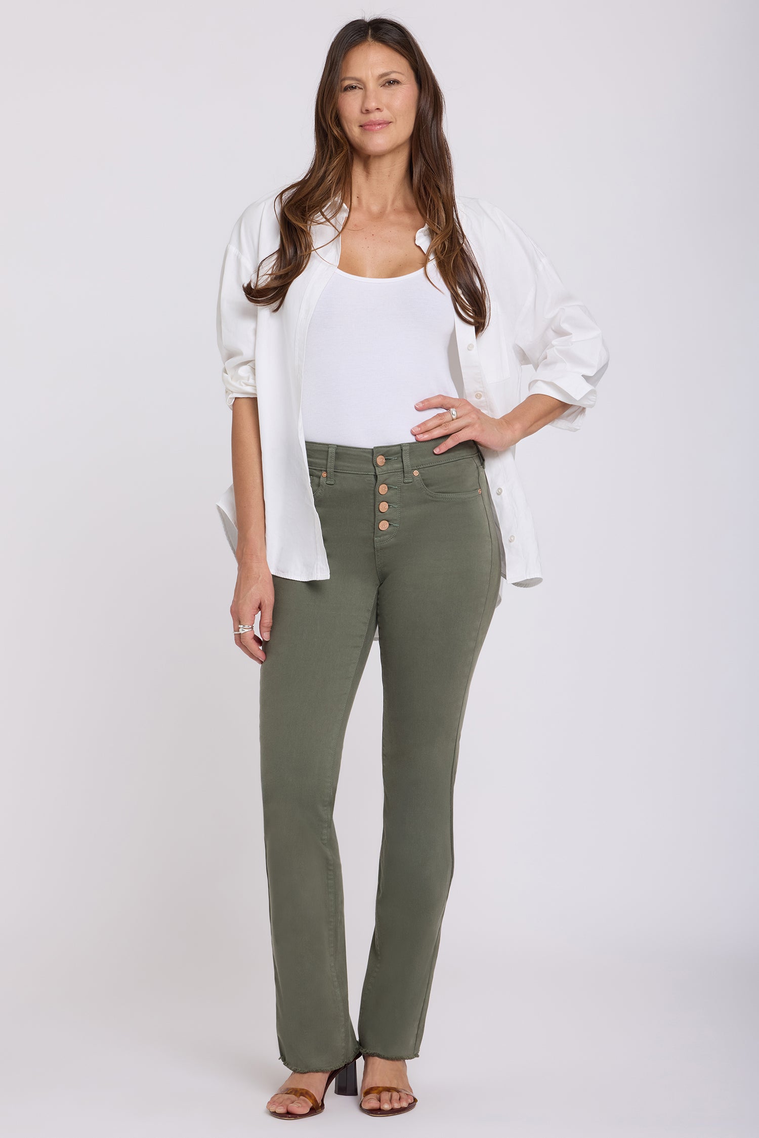 NYDJ Barbara Bootcut Jeans With Exposed Button Fly And Frayed Hems - Desert Green