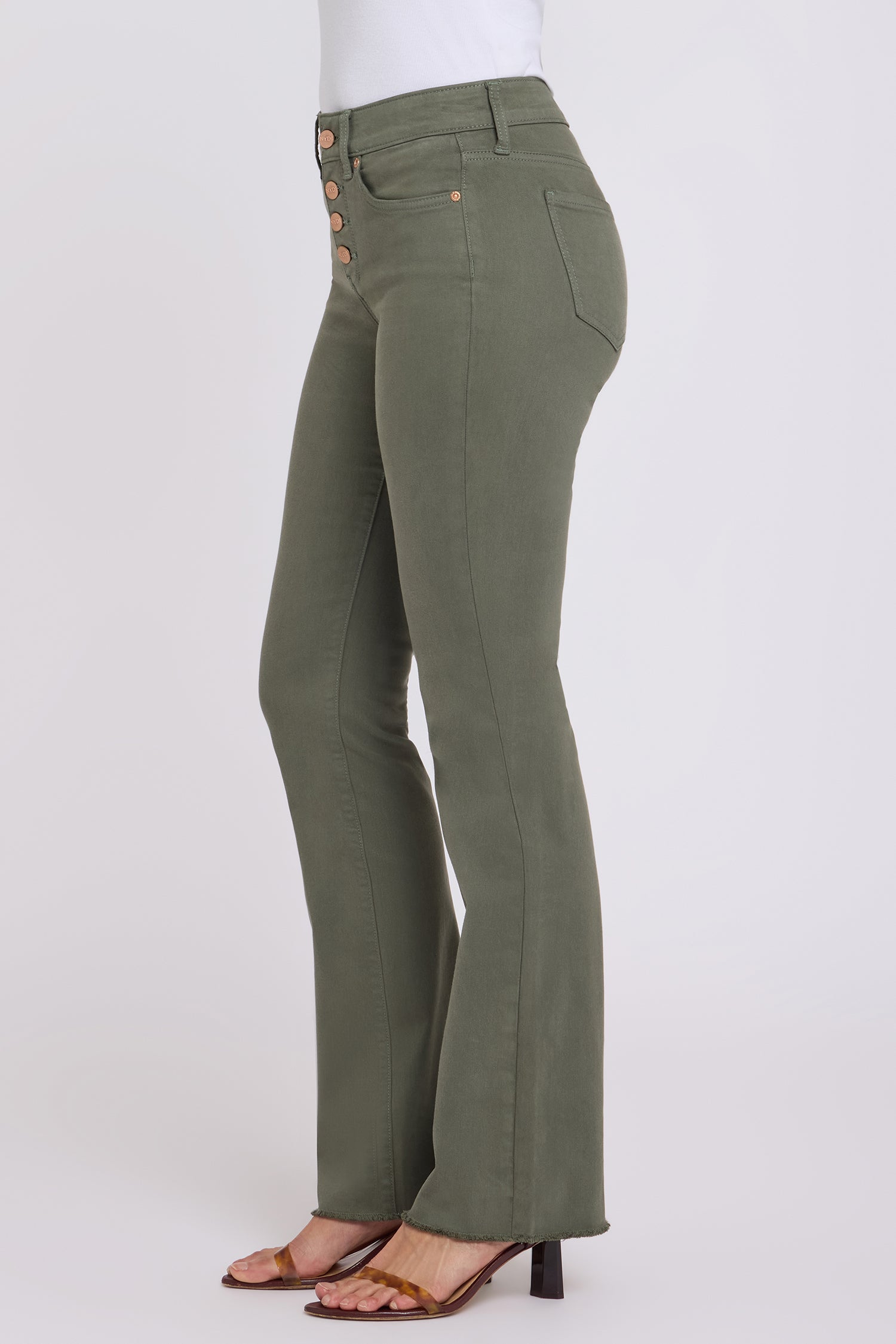 NYDJ Barbara Bootcut Jeans With Exposed Button Fly And Frayed Hems - Desert Green
