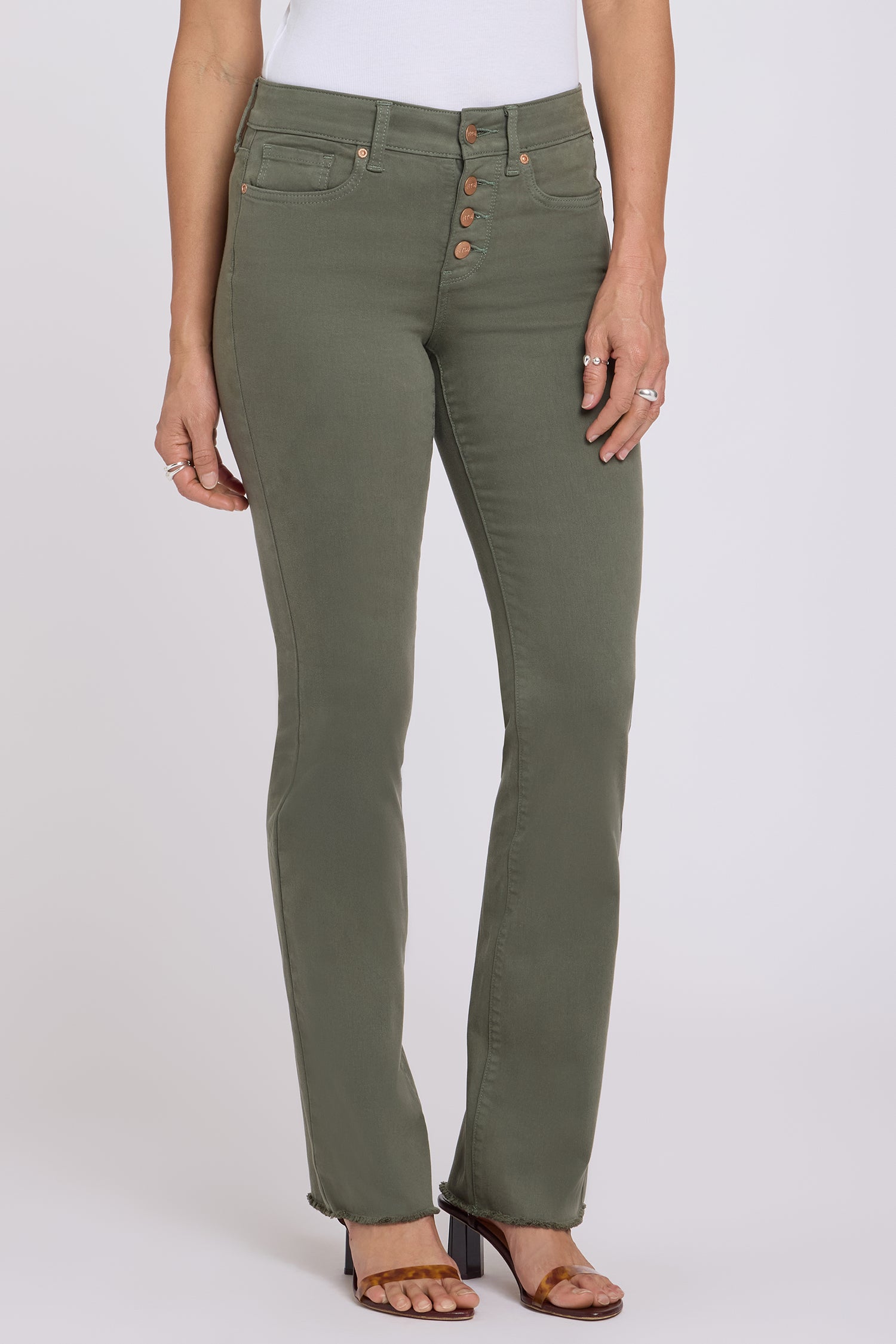 NYDJ Barbara Bootcut Jeans With Exposed Button Fly And Frayed Hems - Desert Green