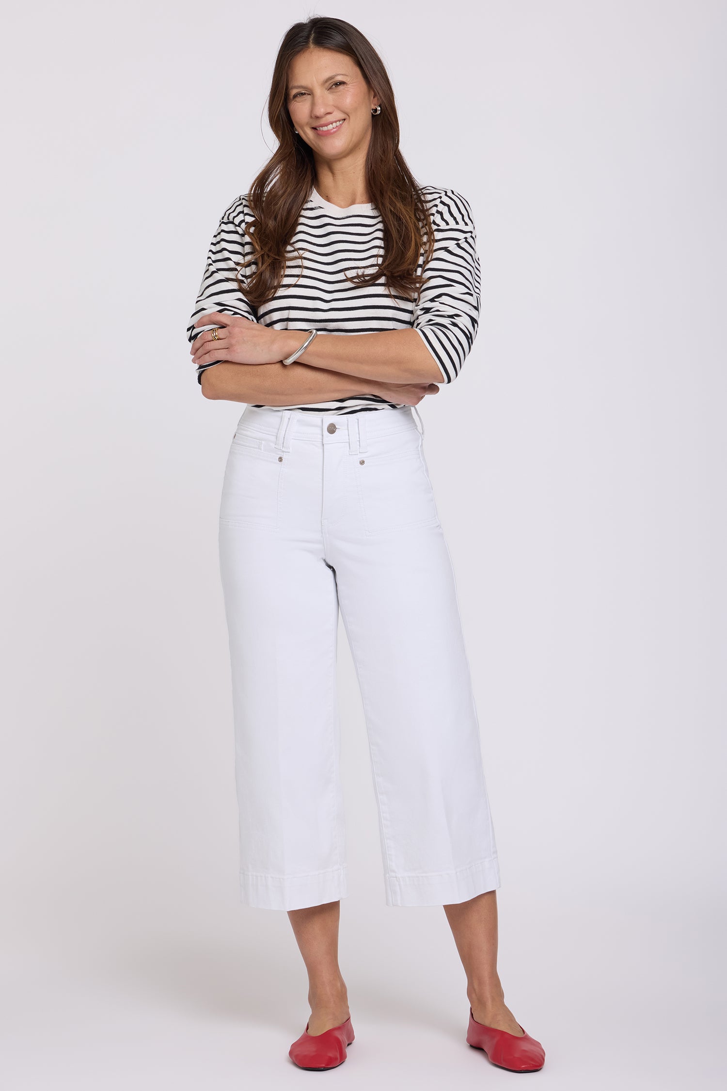 NYDJ Brigitte Wide Leg Capri Jeans With High Rise And Front Patch Pockets - Optic White