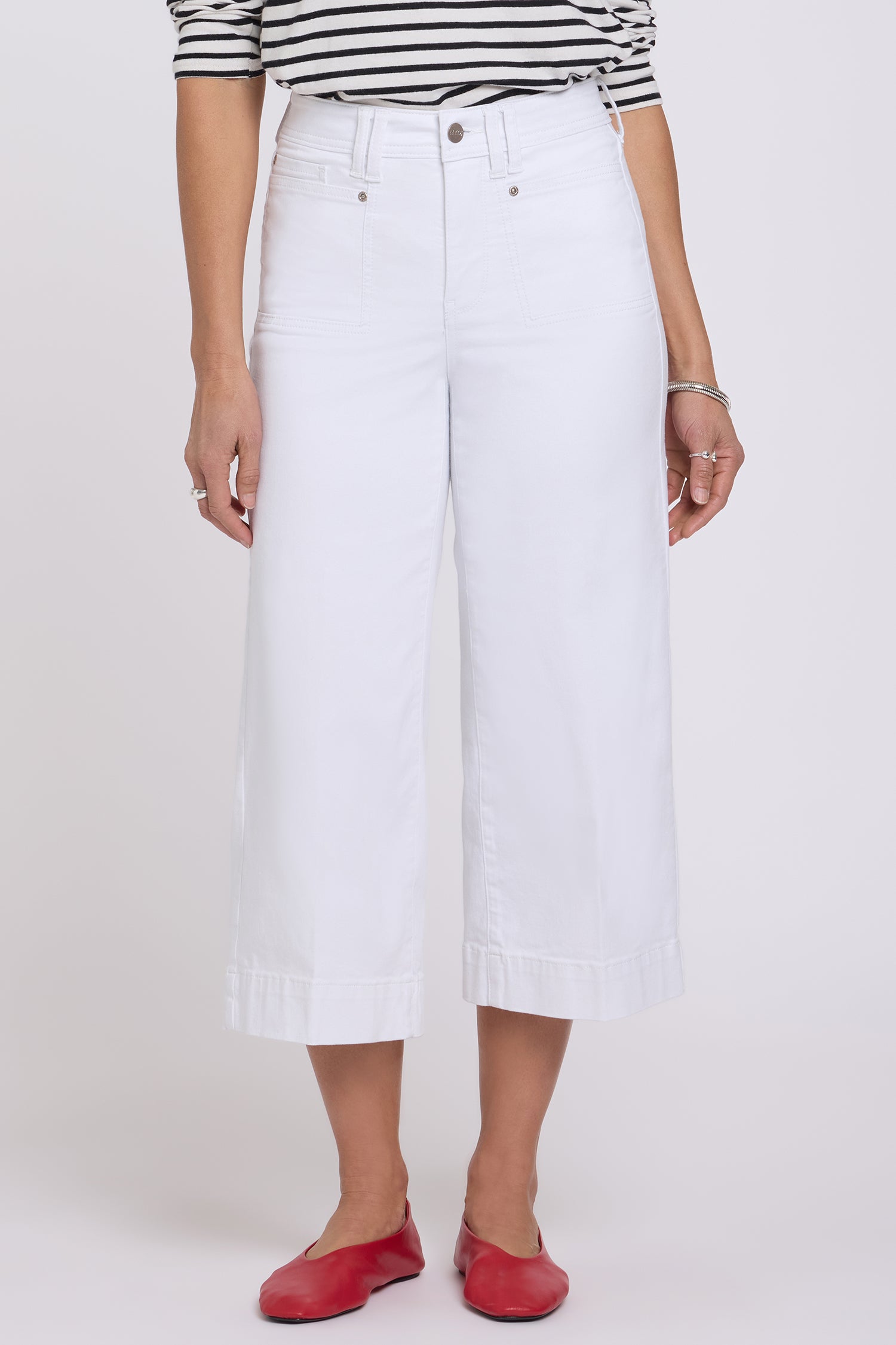 NYDJ Brigitte Wide Leg Capri Jeans With High Rise And Front Patch Pockets - Optic White