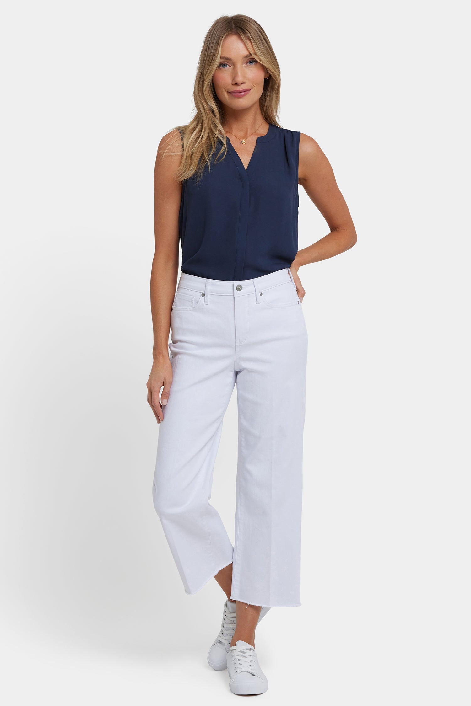 NYDJ Coco Relaxed Wide Leg Crop Jeans With High Rise And Frayed Hems - Optic White