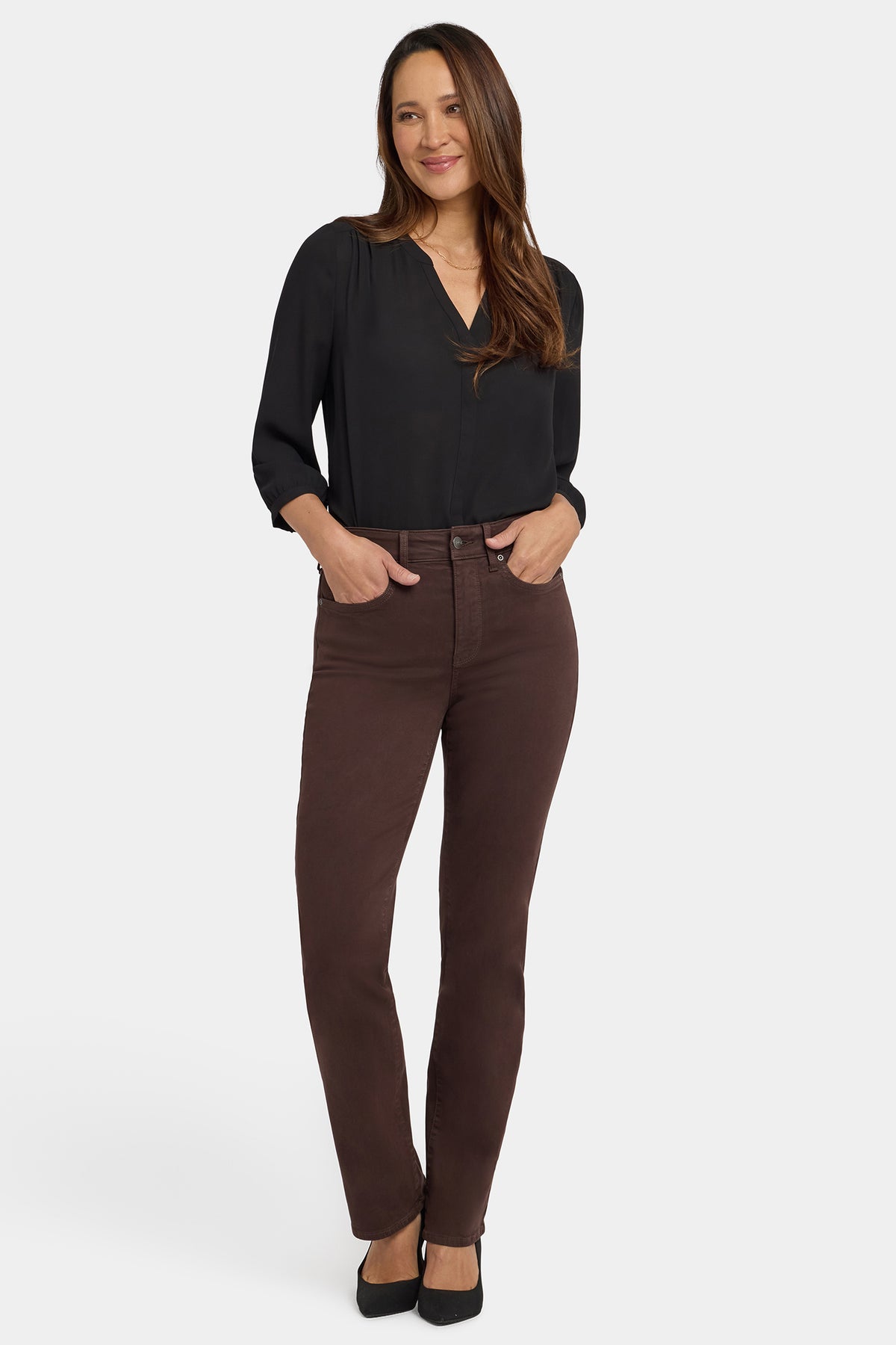 Bitter Chocolate High Rise Marilyn Straight Jeans - Front View On Model | NYDJ Apparel