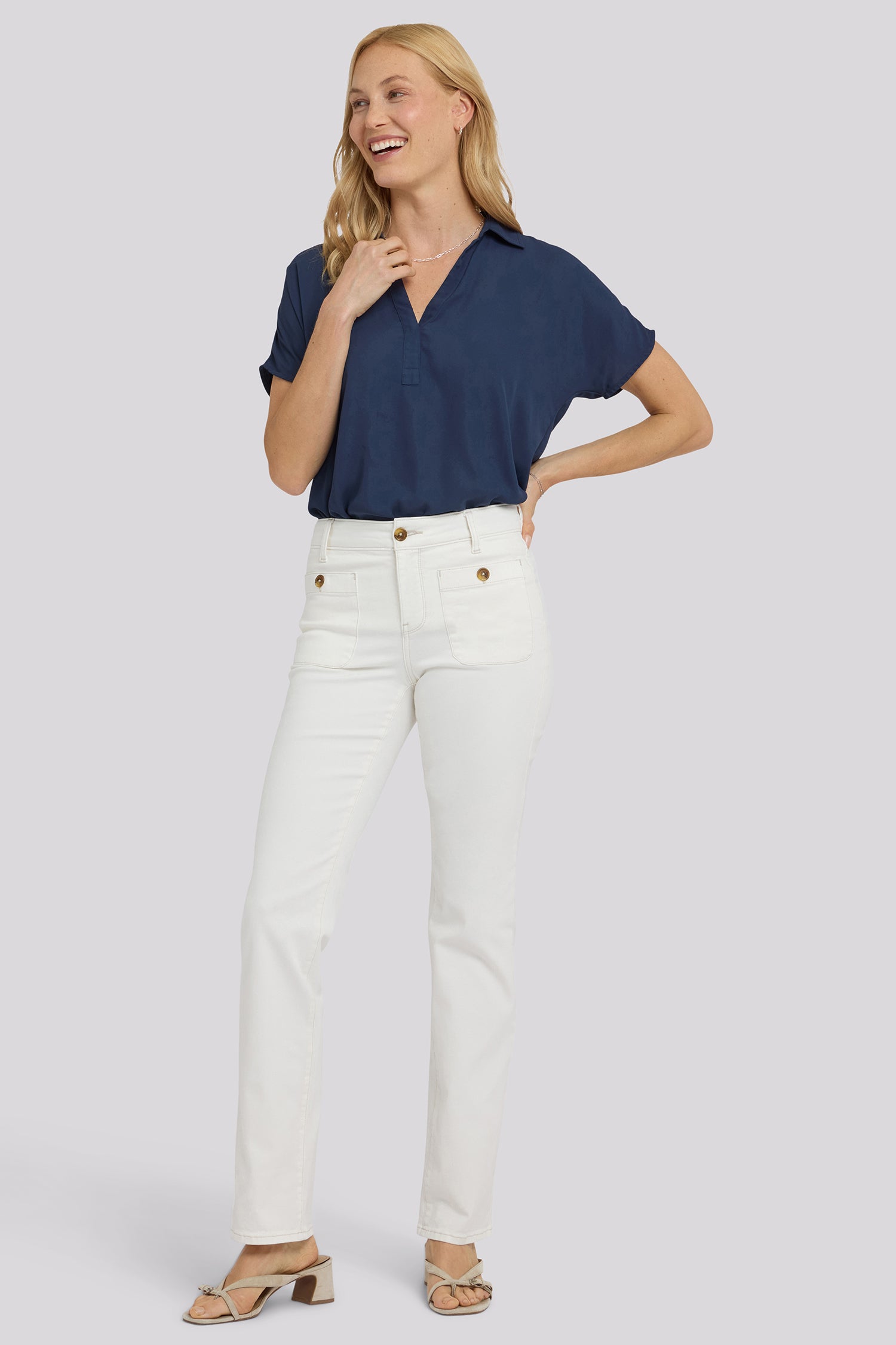 NYDJ Marilyn Straight Jeans With Front Button Patch Pockets - Vintage White