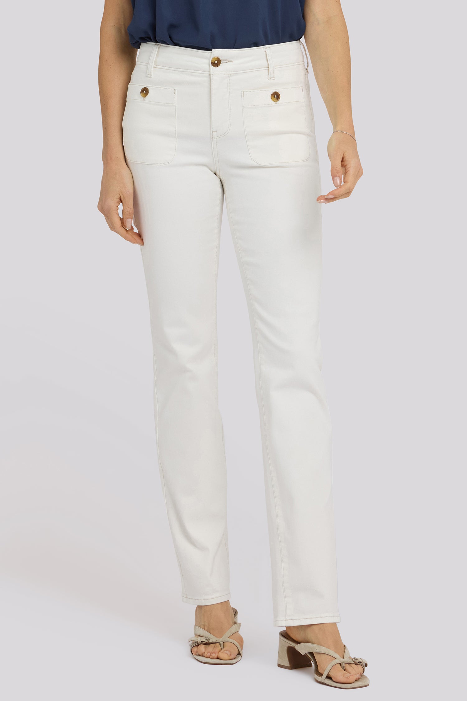 NYDJ Marilyn Straight Jeans With Front Button Patch Pockets - Vintage White