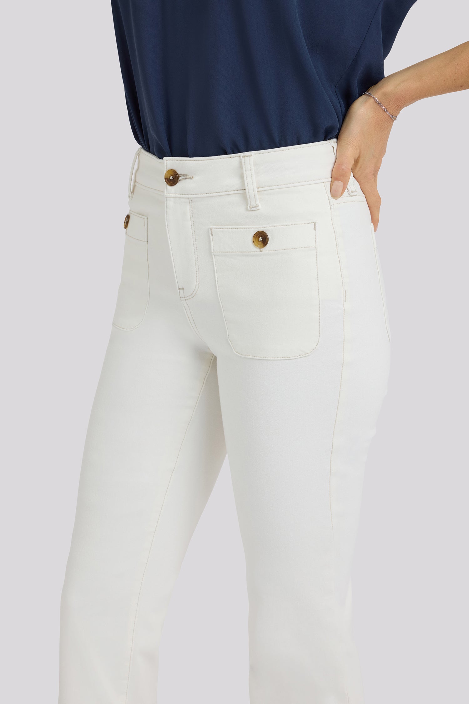 NYDJ Marilyn Straight Jeans With Front Button Patch Pockets - Vintage White