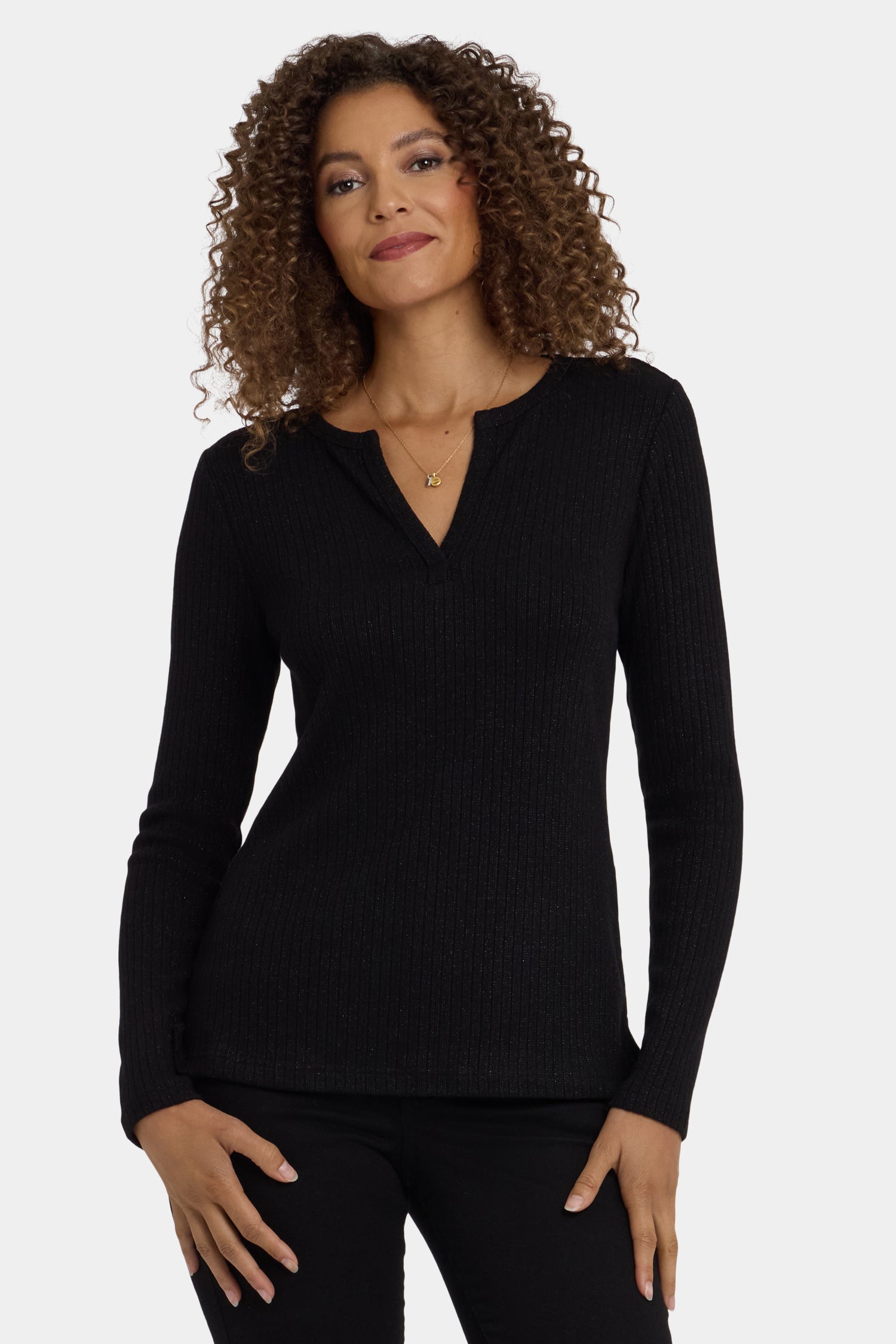 NYDJ Shimmer Rib Knit Henley Top  - Black