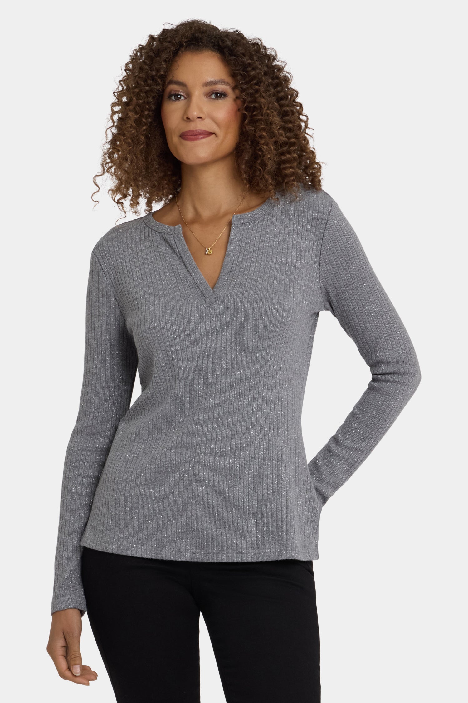 NYDJ Shimmer Rib Knit Henley Top  - Heather Grey
