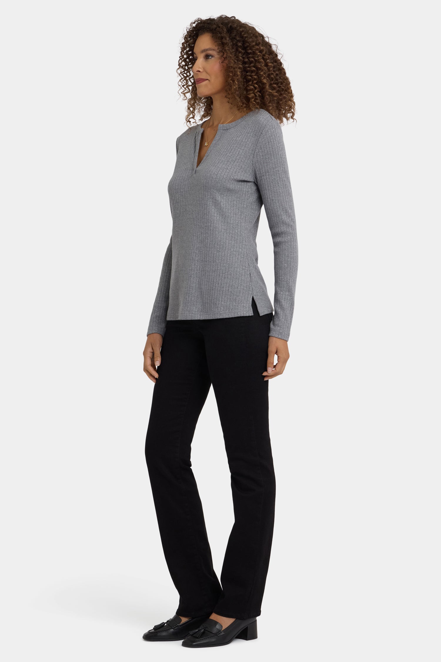 NYDJ Shimmer Rib Knit Henley Top  - Heather Grey