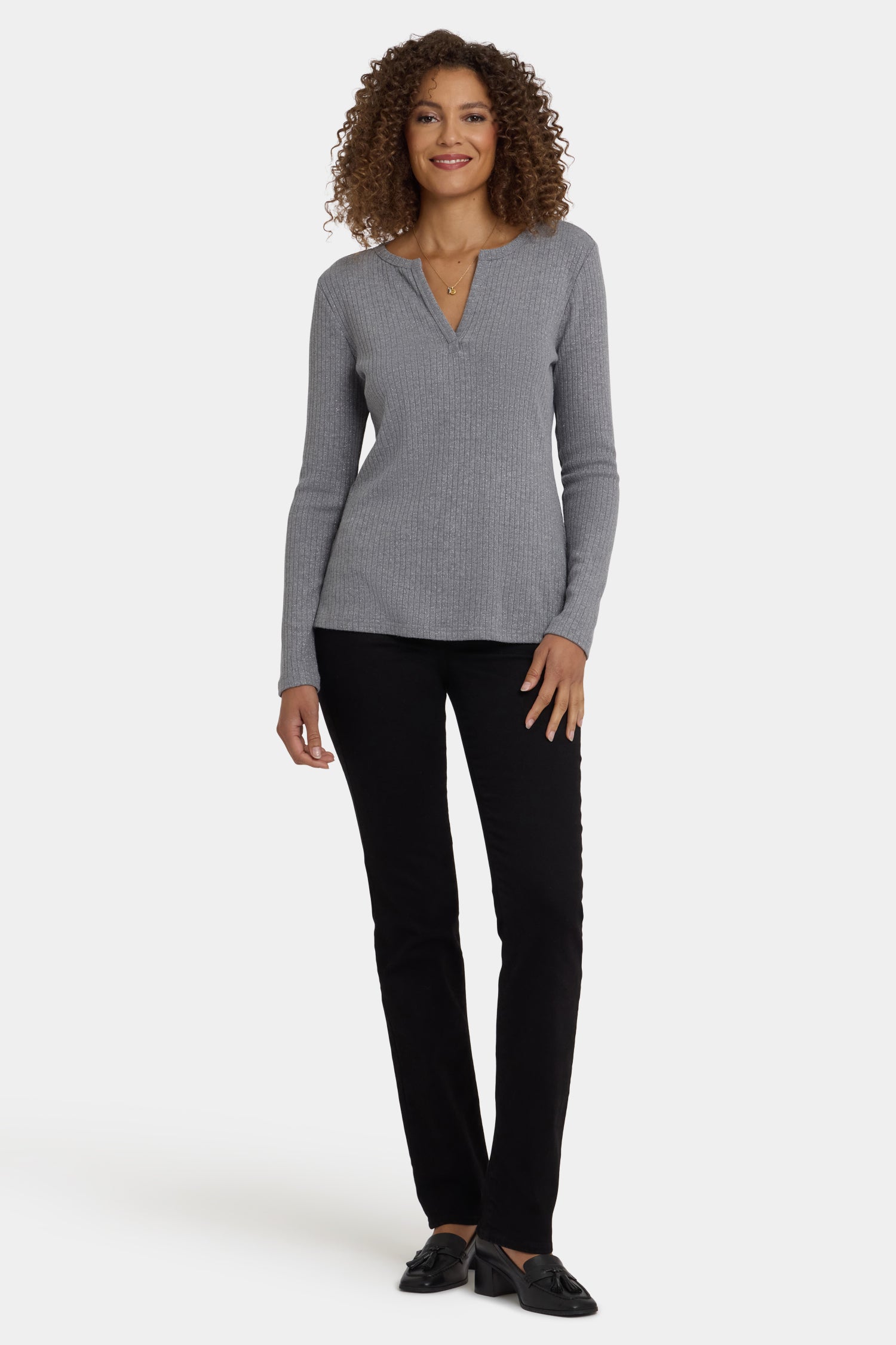 NYDJ Shimmer Rib Knit Henley Top  - Heather Grey