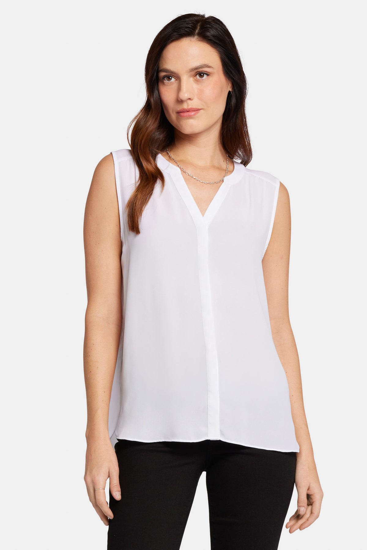 White Sleeveless Pintuck Blouse with V-Neckline - Front View On Model | NYDJ Apparel