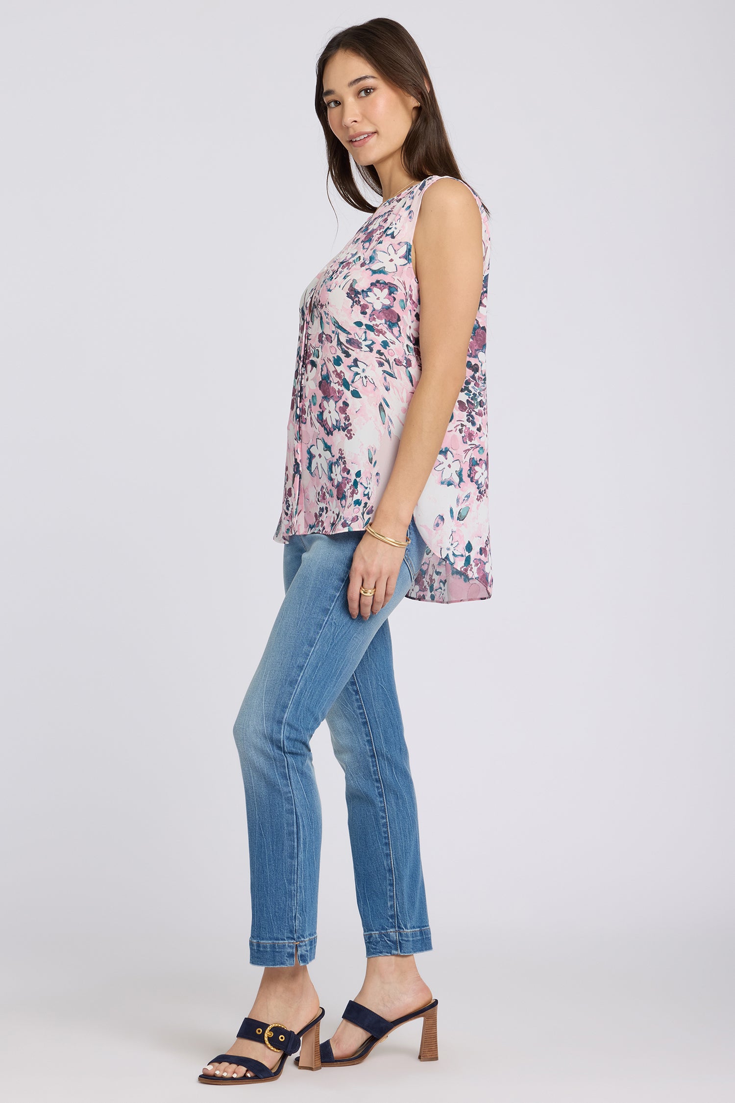 NYDJ Sleeveless Pintuck Blouse  - Floral Dreams