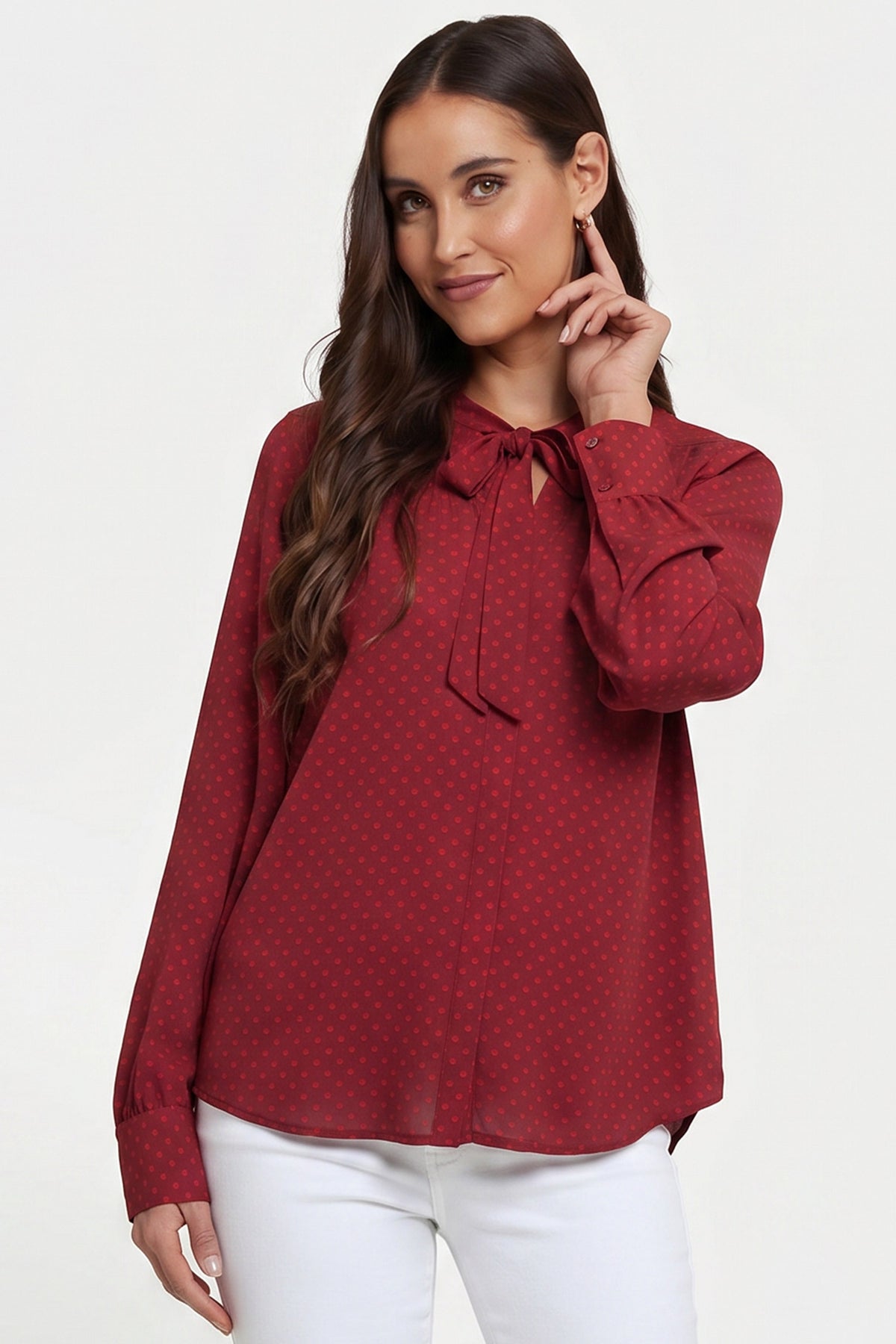 Tie-Neck Blouse - Claret Dots
