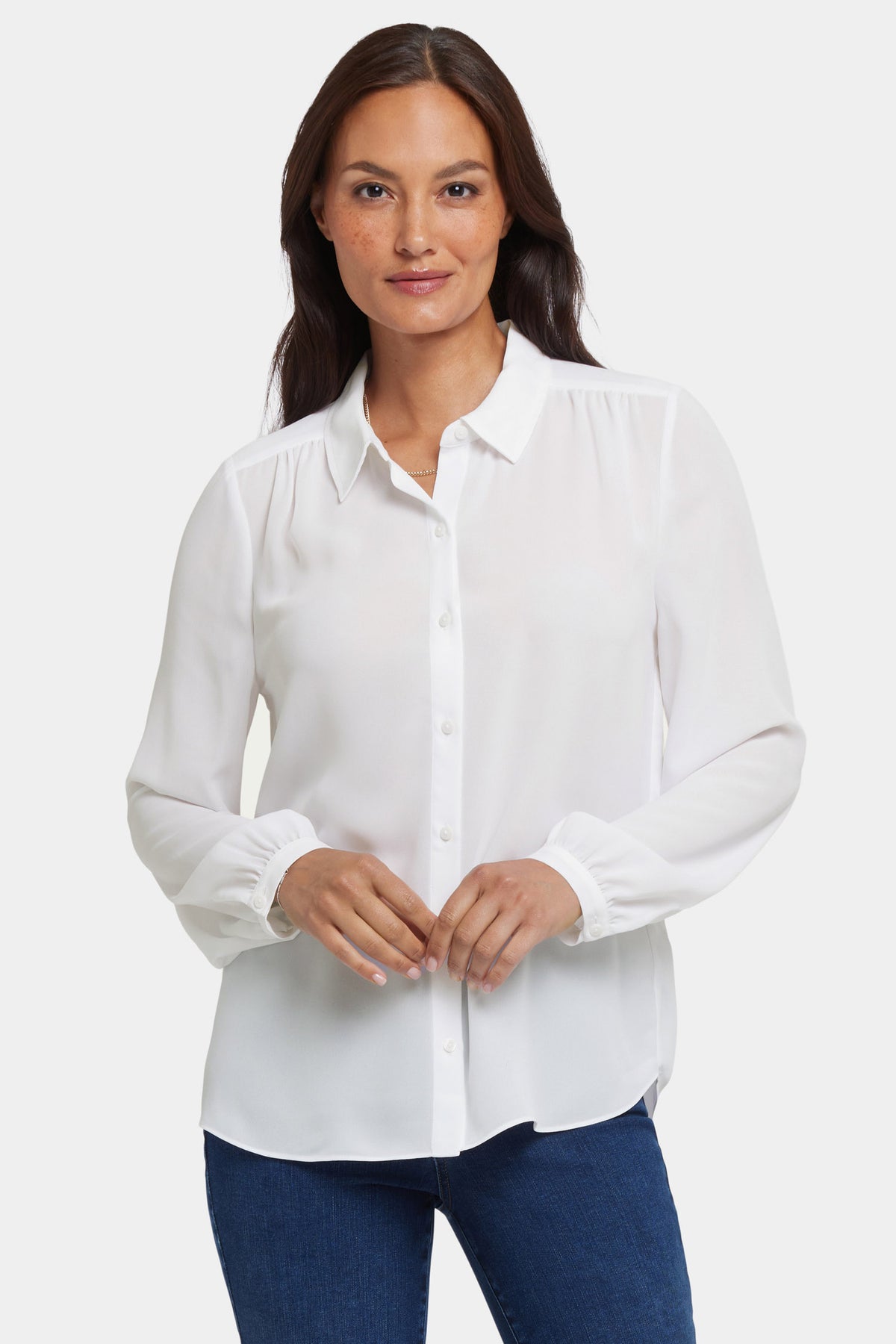 White Chiffon Modern Blouse - Front View, Gathered Shoulder Detail On Model | NYDJ Apparel