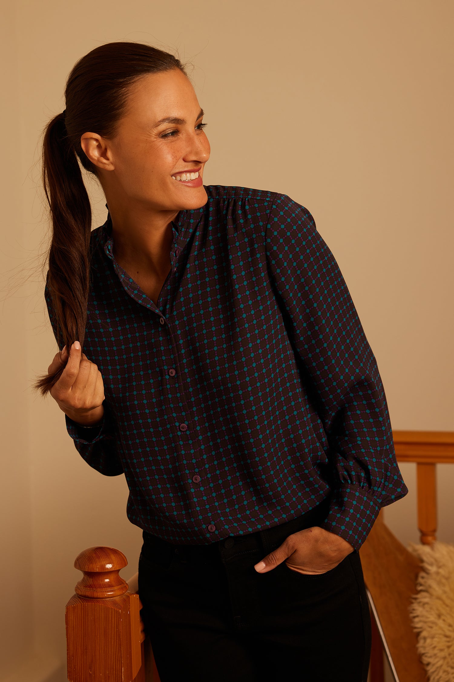 NYDJ Ruffle Neck Blouse  - Plum Trail