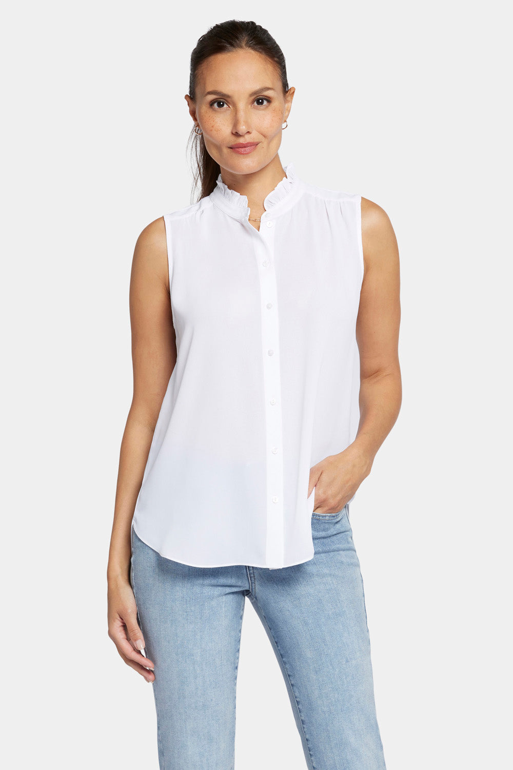 NYDJ Sleeveless Ruffle Neck Blouse  - Optic White