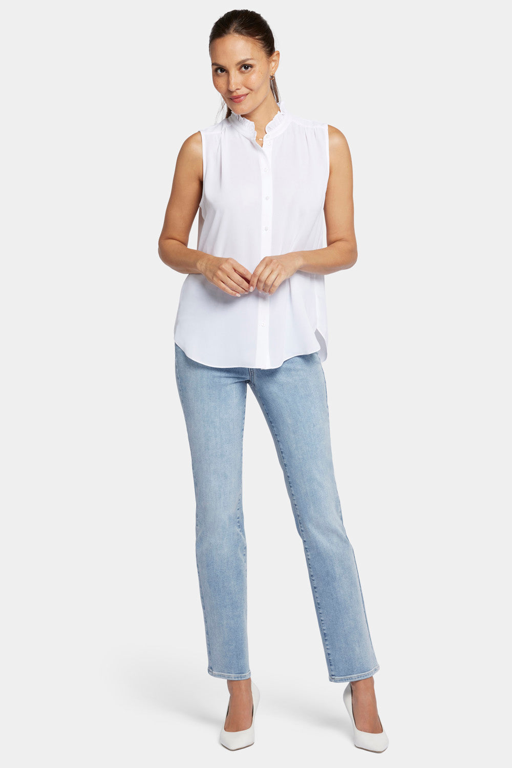 NYDJ Sleeveless Ruffle Neck Blouse  - Optic White