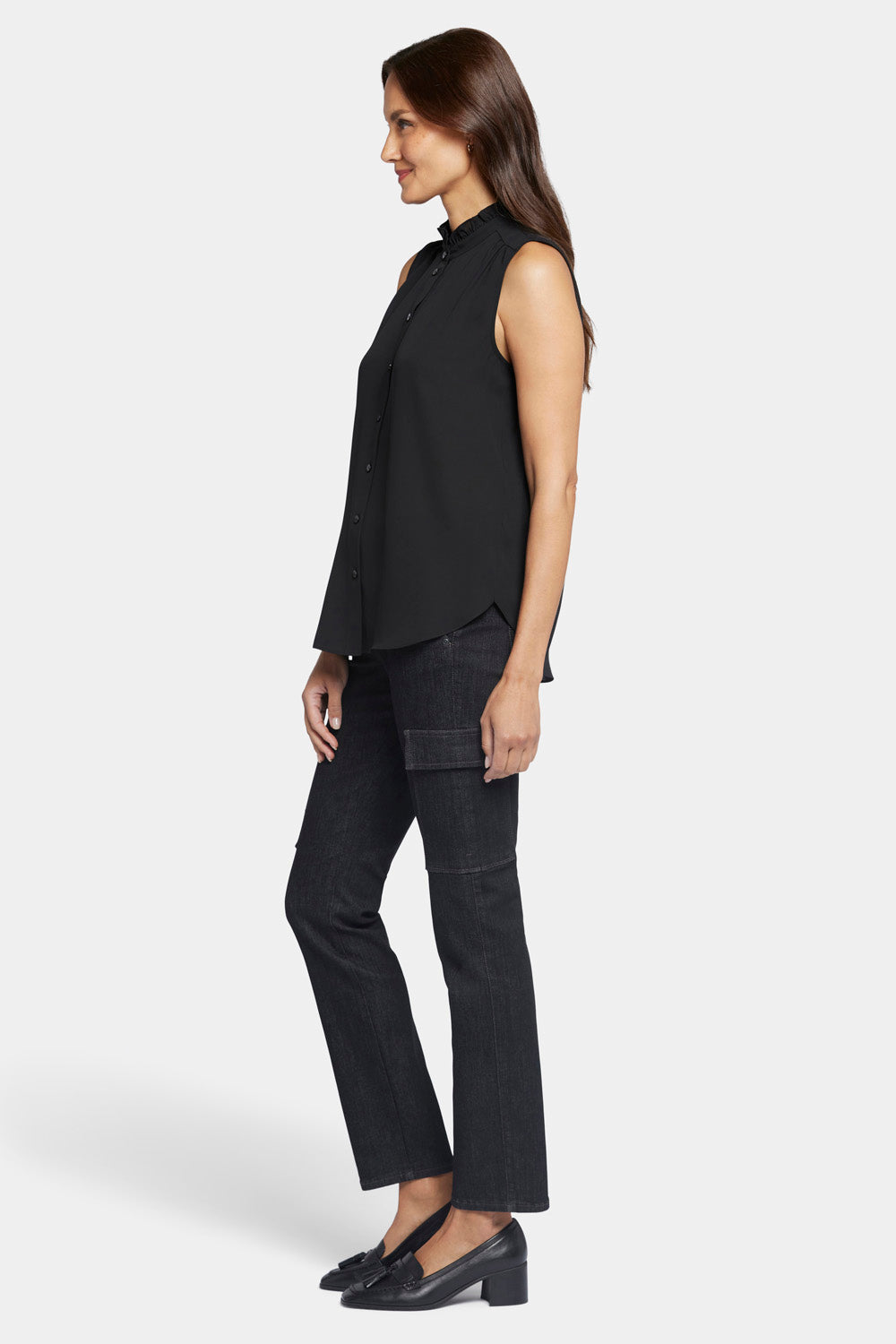 NYDJ Sleeveless Ruffle Neck Blouse  - Black