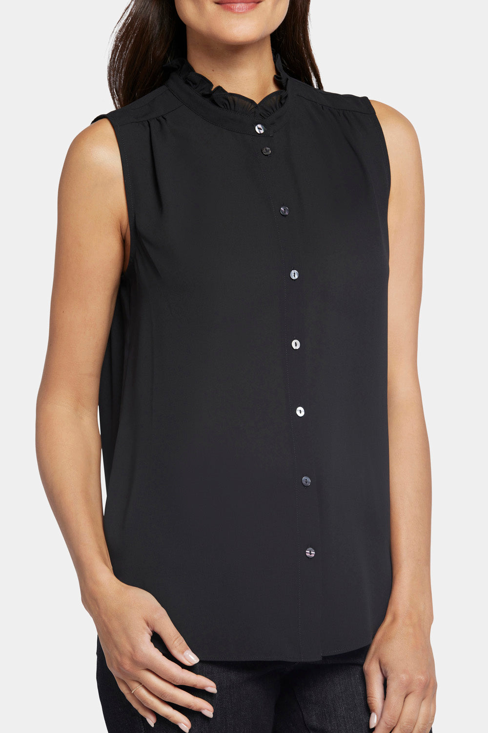 NYDJ Sleeveless Ruffle Neck Blouse  - Black