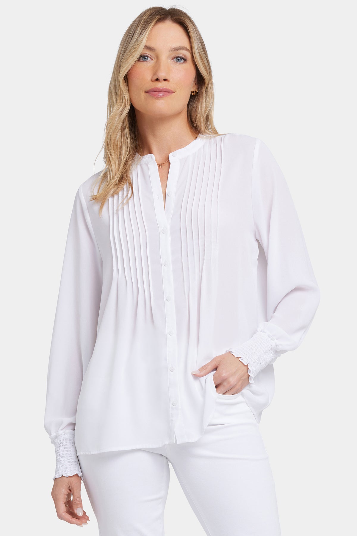 White Pleated Peasant Blouse - Front View, Band Collar & Smocked Cuffs | NYDJ Apparel