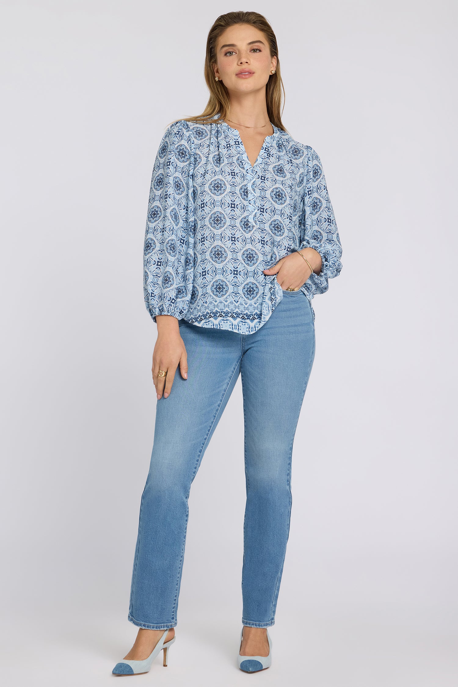 NYDJ Puff Sleeved Popover Top  - Azure Sky