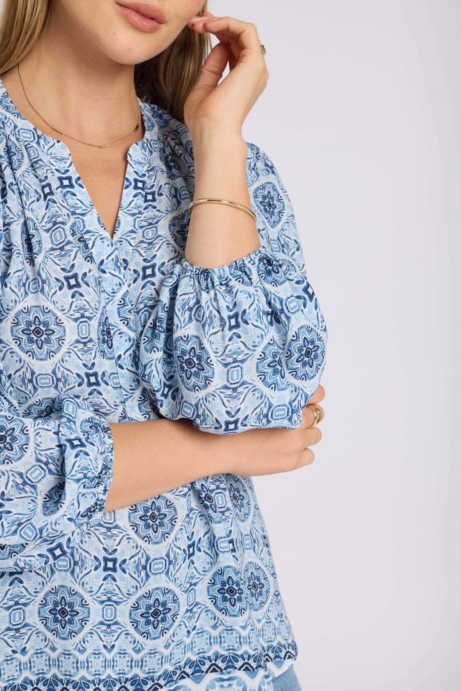 NYDJ Puff Sleeved Popover Top  - Azure Sky