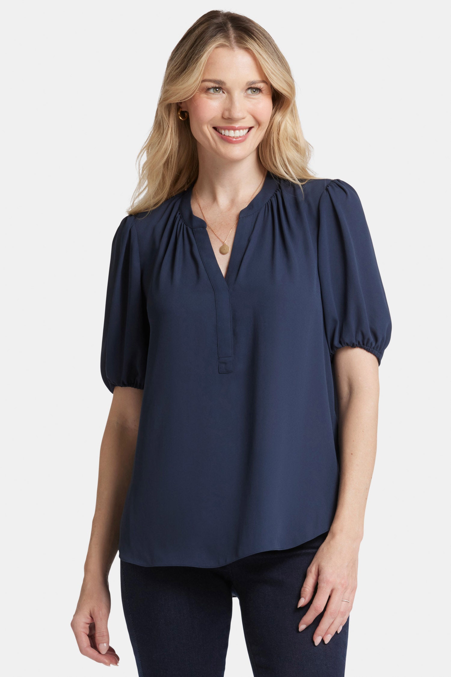 NYDJ Short Puff Sleeve Popover Top  - Oxford Navy