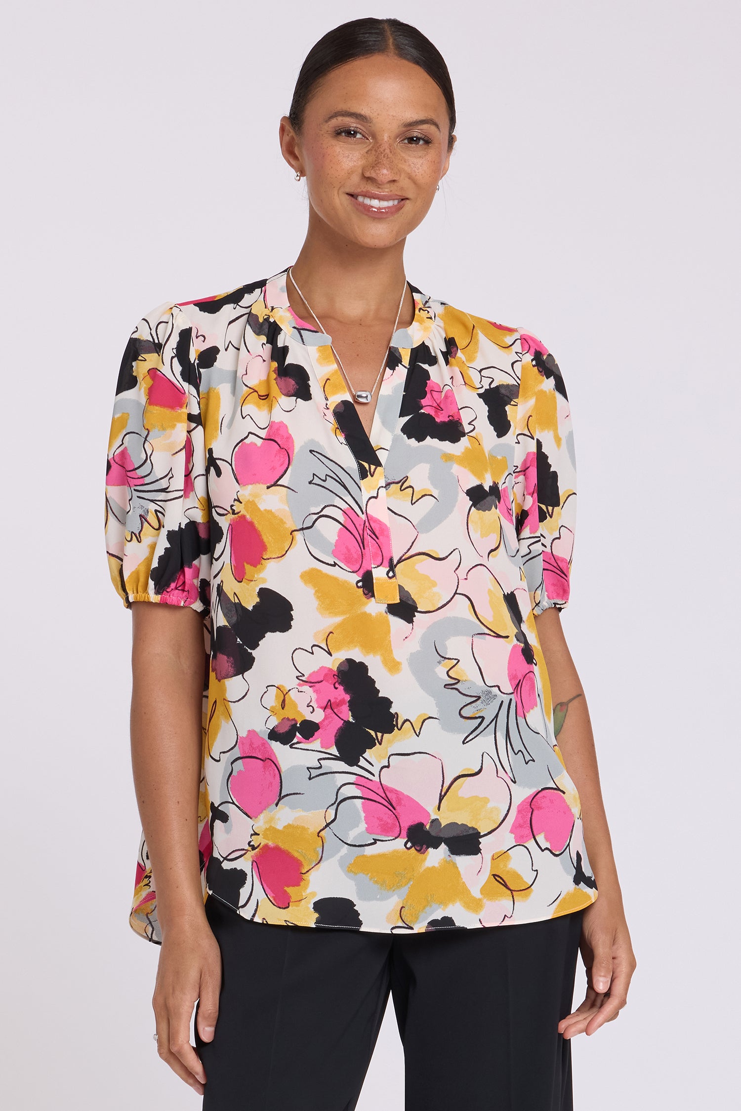 NYDJ Short Puff Sleeved Popover Top  - Floral Ballet