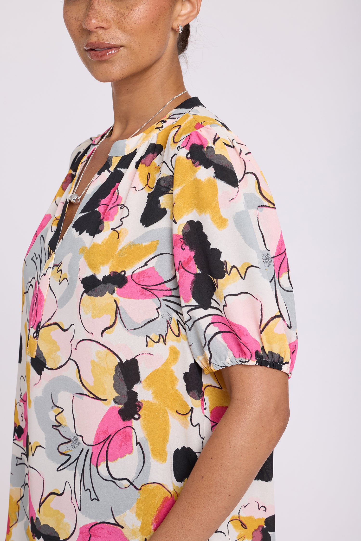 NYDJ Short Puff Sleeved Popover Top  - Floral Ballet