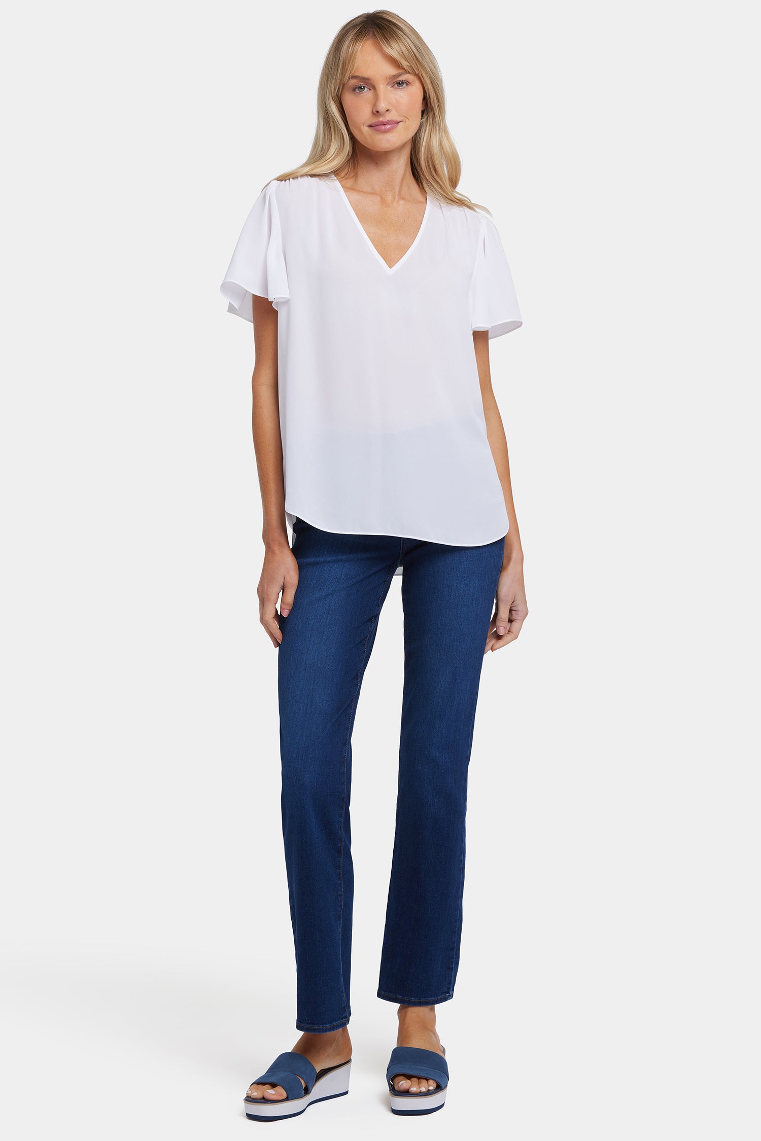 NYDJ Pleated Flutter Sleeved Blouse  - Optic White