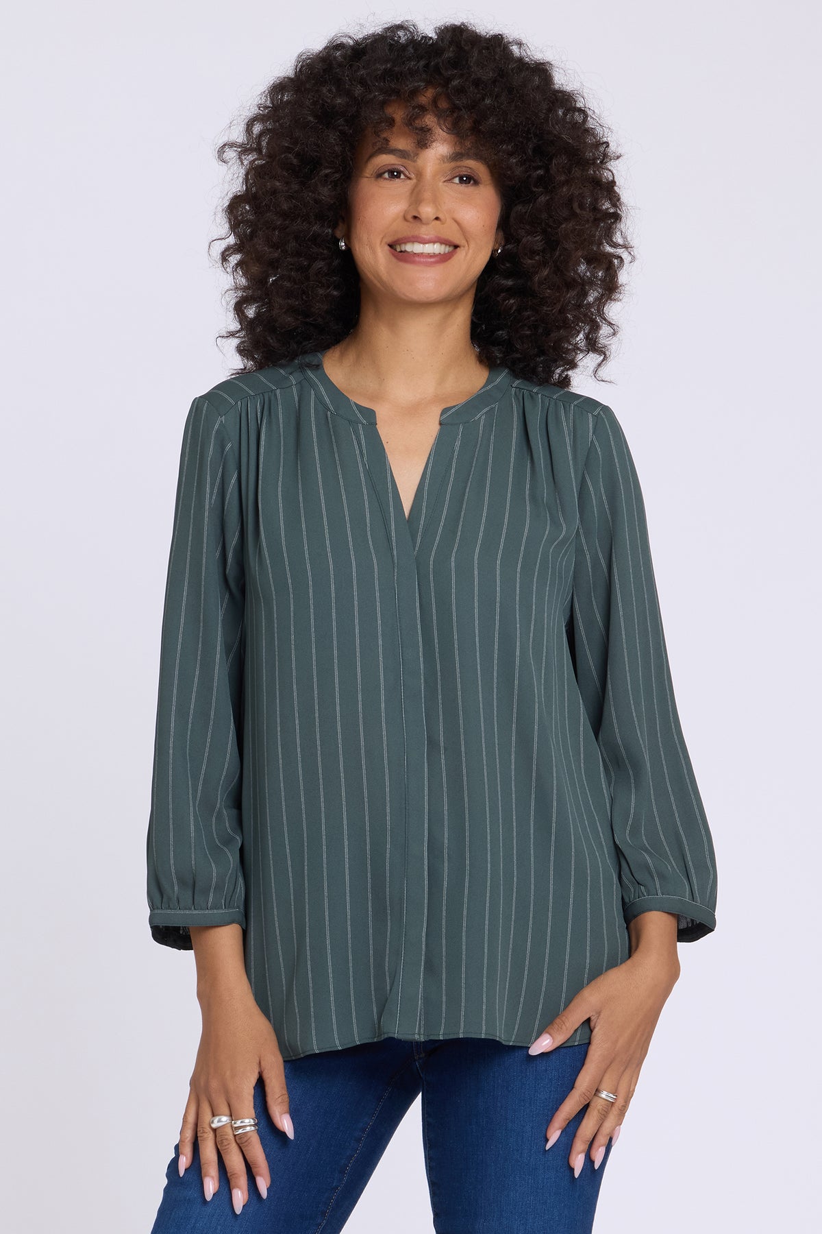 NYDJ Pintuck Blouse  - Blurred Stripe Olive