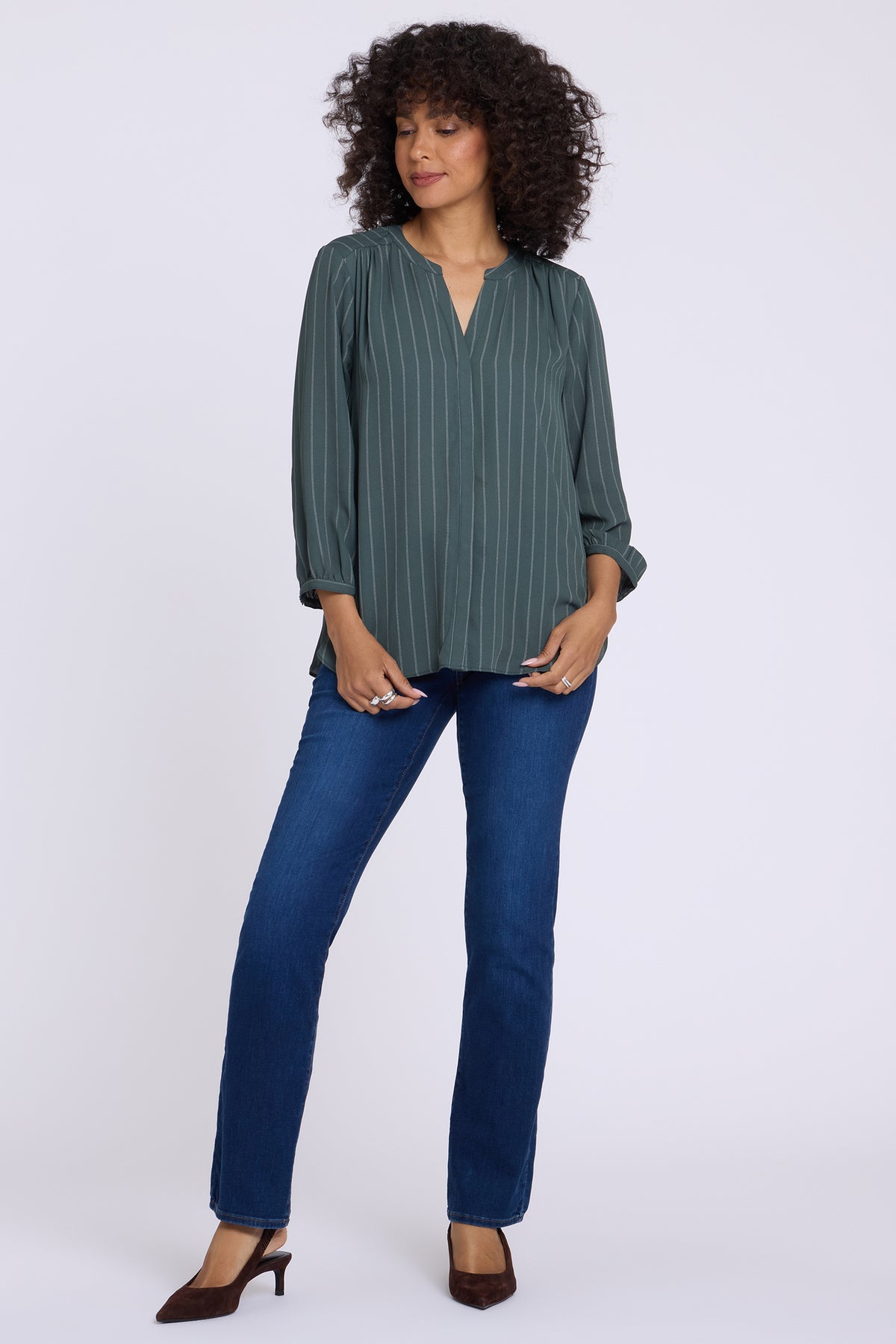 NYDJ Pintuck Blouse  - Blurred Stripe Olive