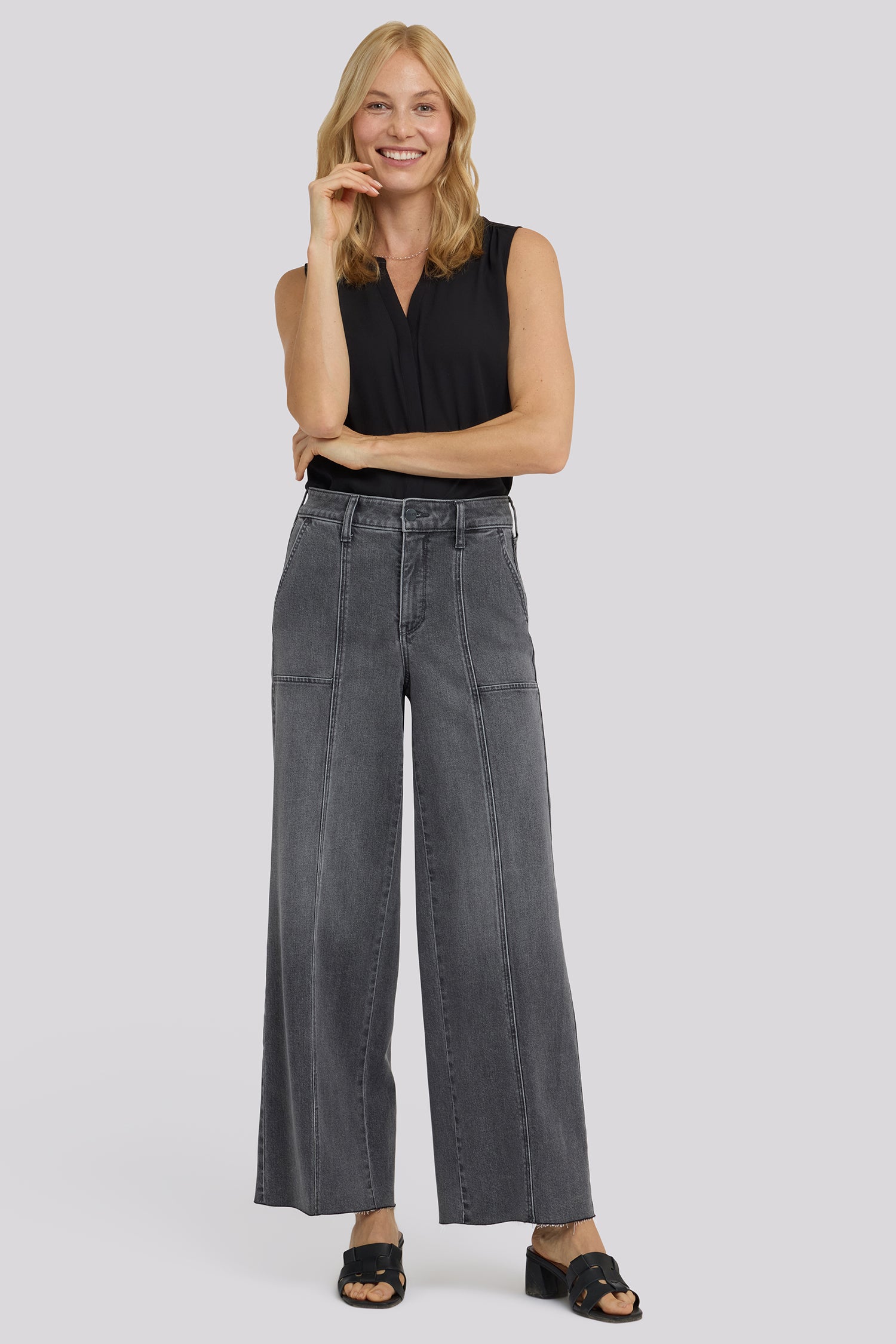 NYDJ Simone Wide Leg Jeans With High Rise, Utility Detail And Raw Hems - Dusty Ash