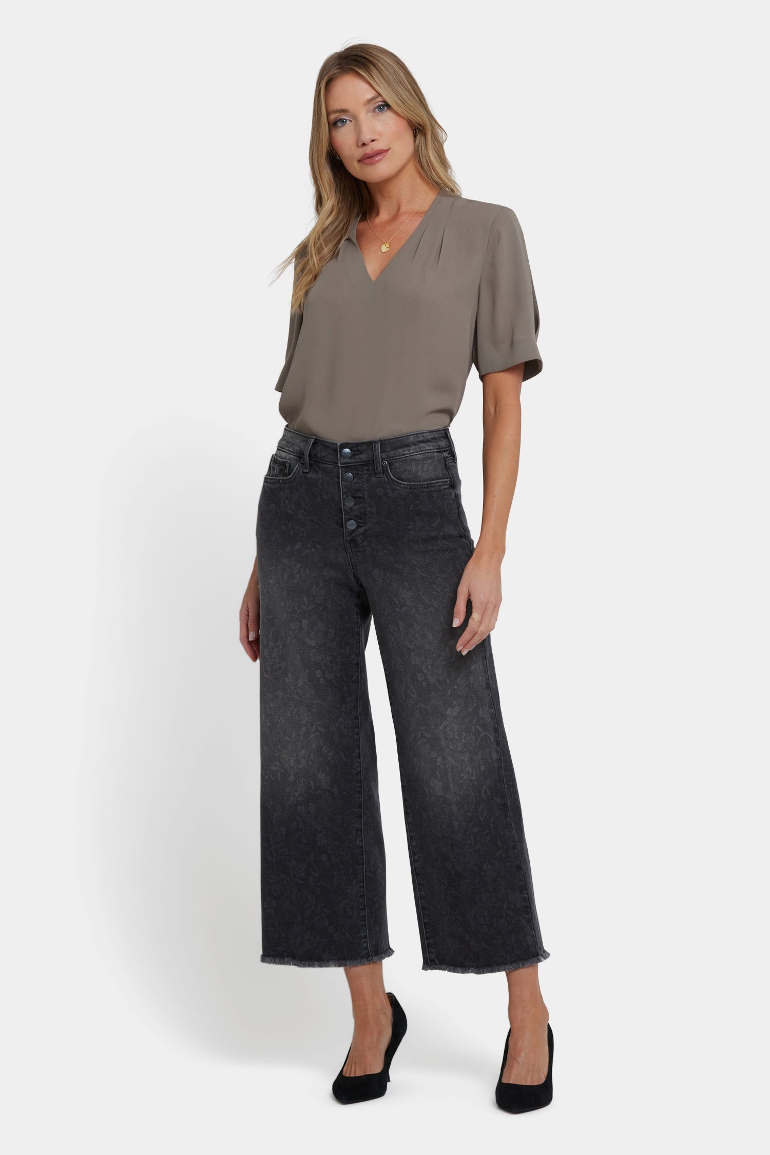 NYDJ Teresa Wide Leg Ankle Jeans With High Rise And Frayed Hems - Grey Province