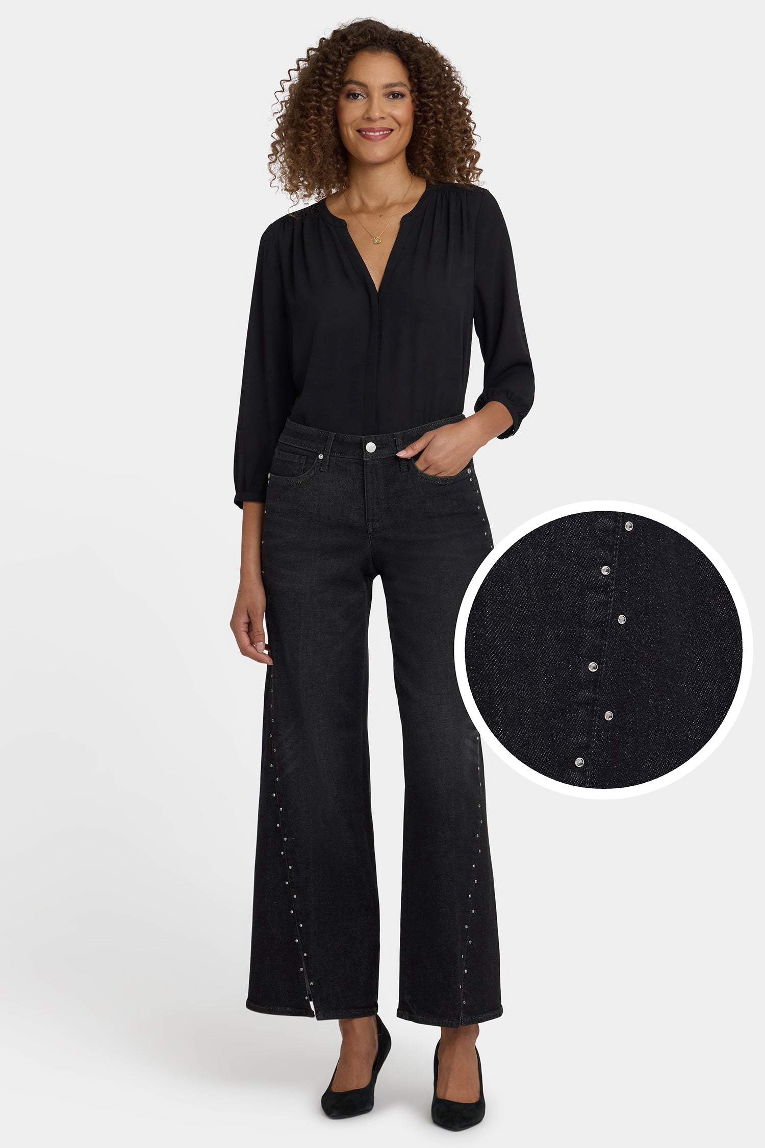 NYDJ Teresa Wide Leg Jeans With Rhinestones, Front Slits And 31