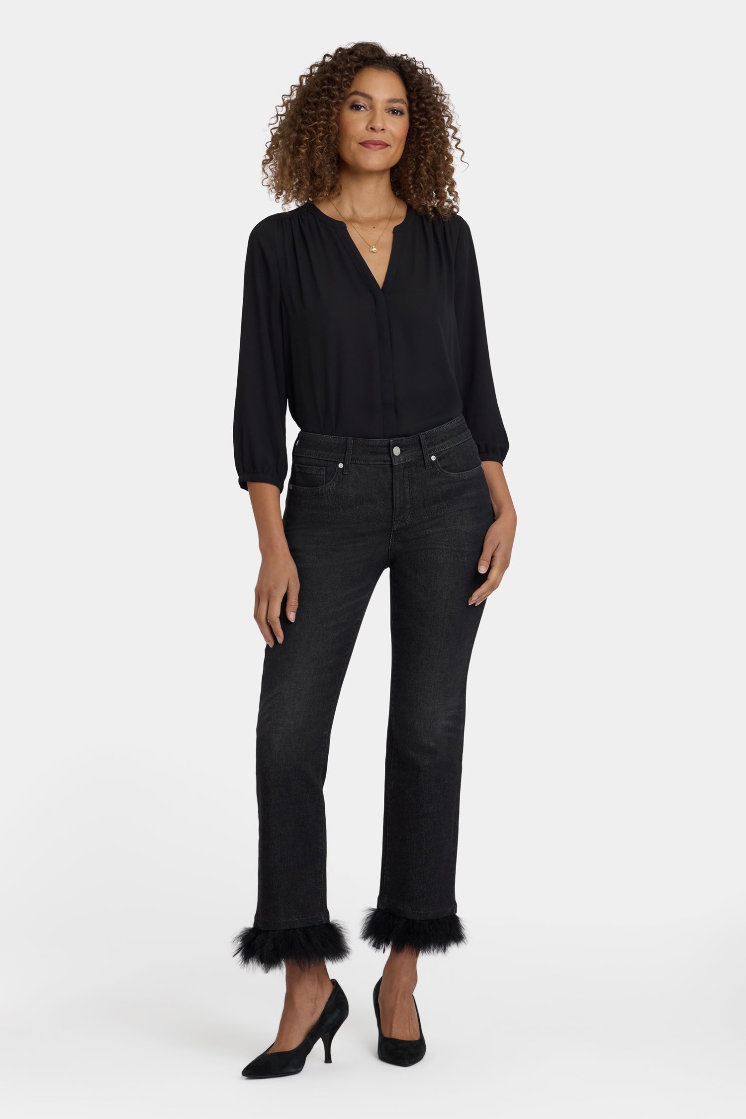 NYDJ Marilyn Straight Ankle Jeans With Detachable Feather Trim - French Nightfall