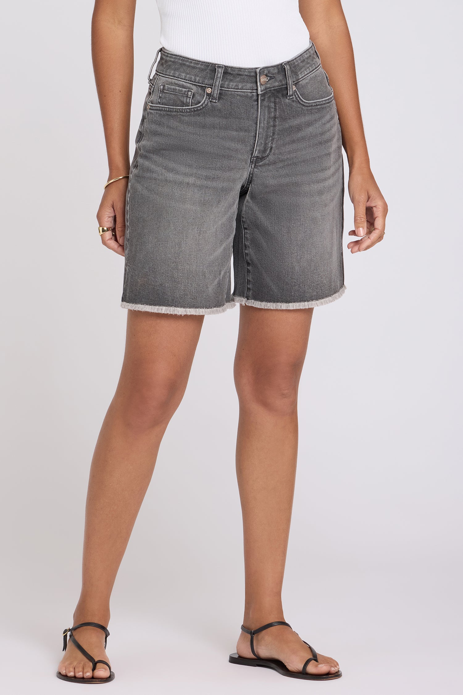 NYDJ Naomi Relaxed A-Line Denim Shorts With Criss-Cross Belt Loop, Side Slits And Frayed Hems - Dusty Ash