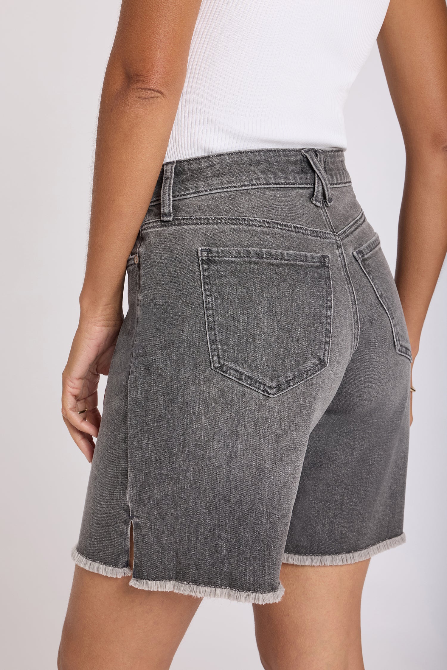 NYDJ Naomi Relaxed A-Line Denim Shorts With Criss-Cross Belt Loop, Side Slits And Frayed Hems - Dusty Ash