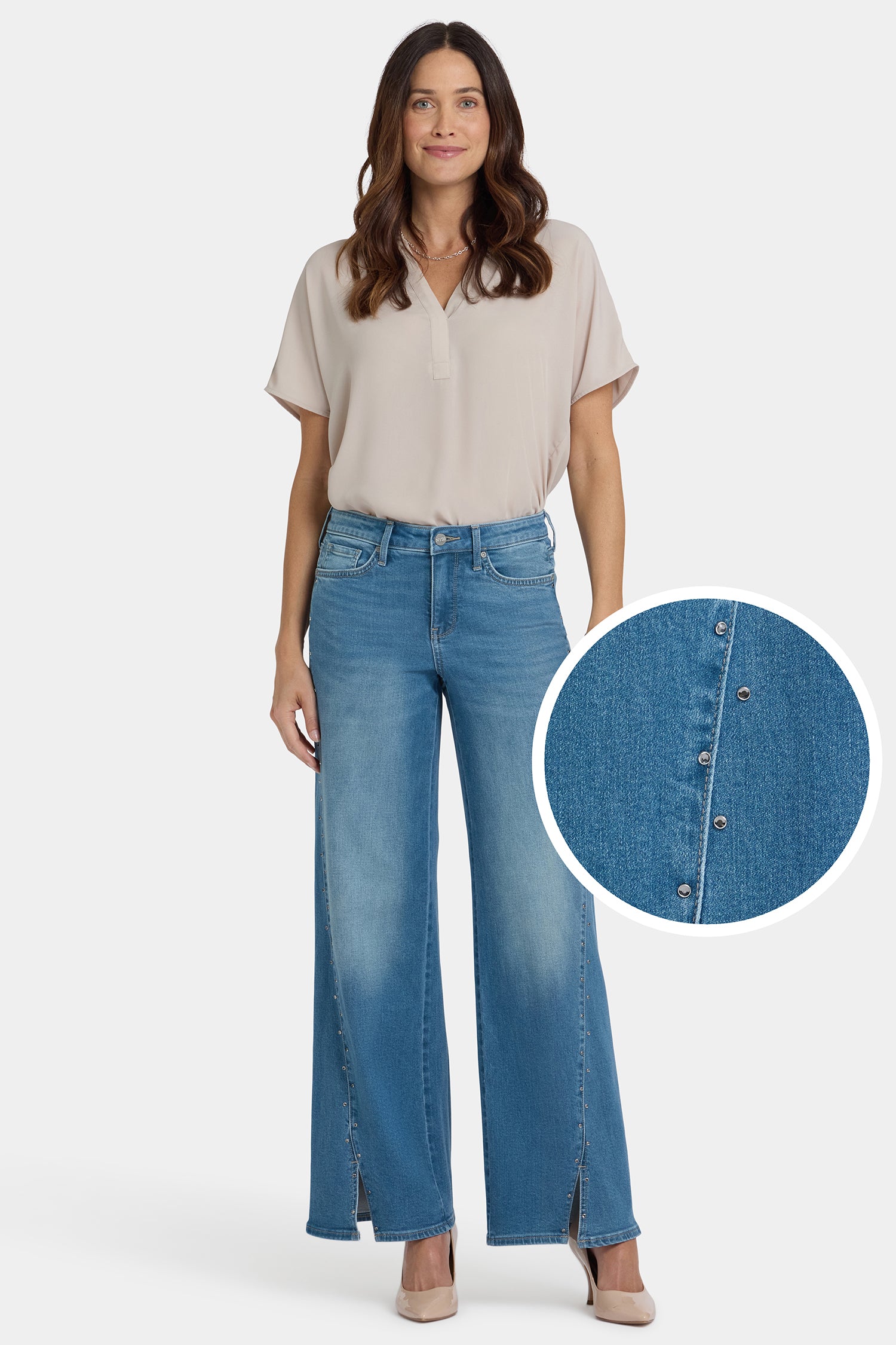 NYDJ Teresa Wide Leg Jeans With Rhinestones, Front Slits And 31
