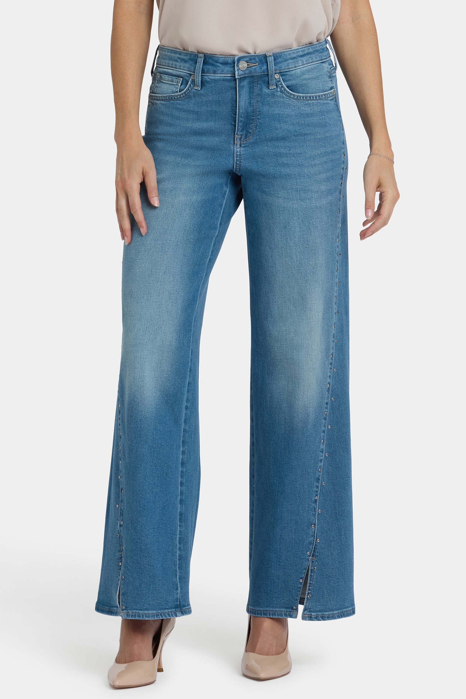 NYDJ Teresa Wide Leg Jeans With Rhinestones, Front Slits And 31