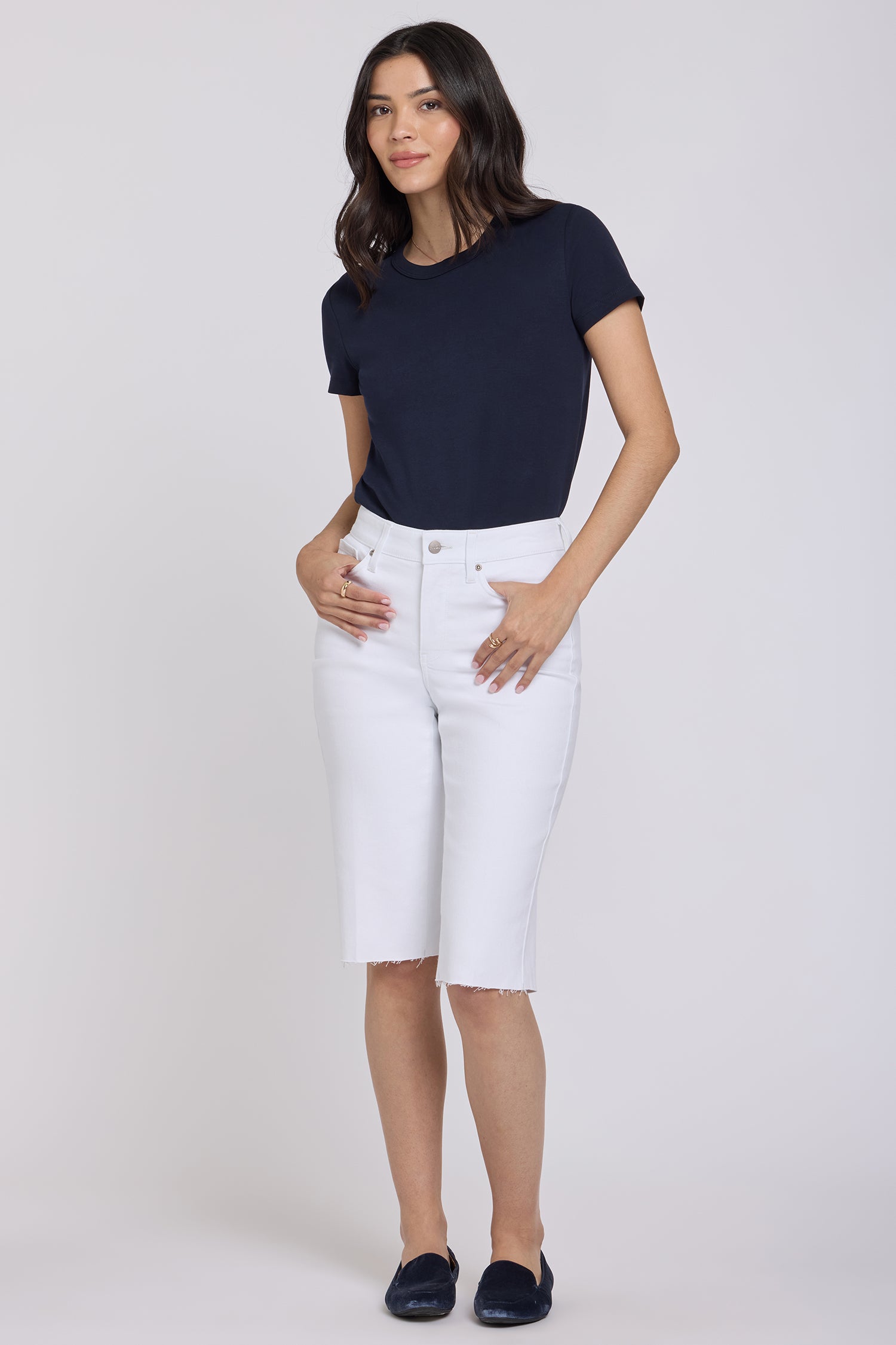 NYDJ Kristie '80s Bermuda Denim Shorts With Pressed Creases And Raw Hems - Optic White
