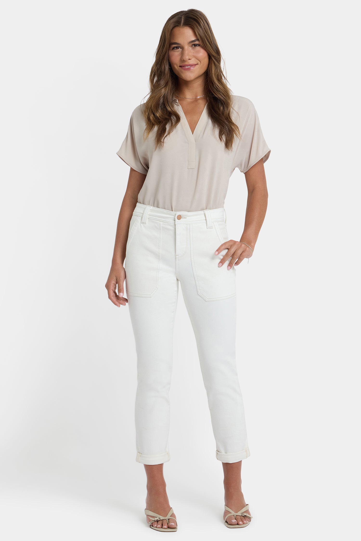 NYDJ Margot Girlfriend Jeans With Utility Pockets And Roll Cuffs - Vintage White