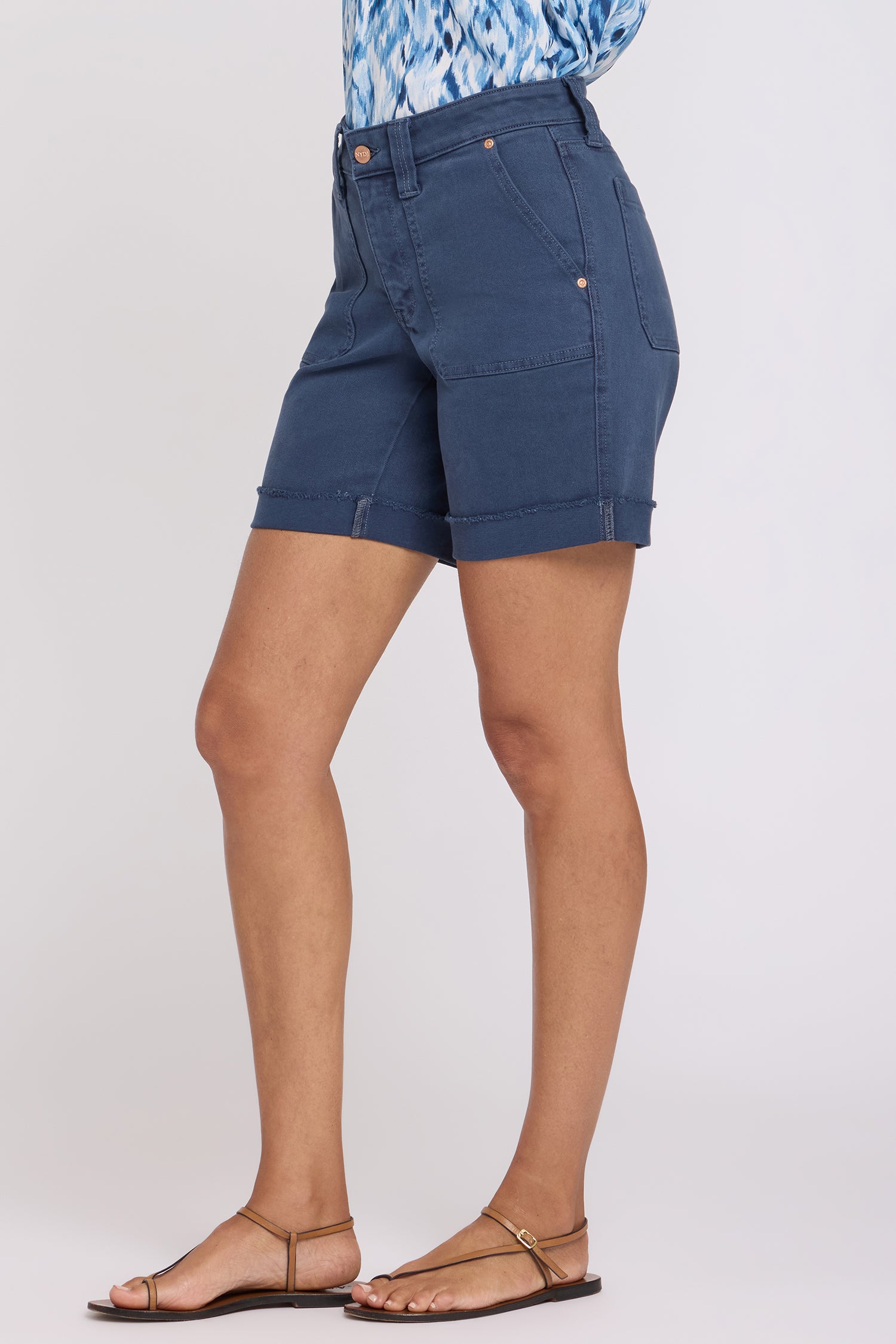 NYDJ Diana Relaxed Denim Shorts With Utility Pockets And Frayed Cuffs - Vintage Navy